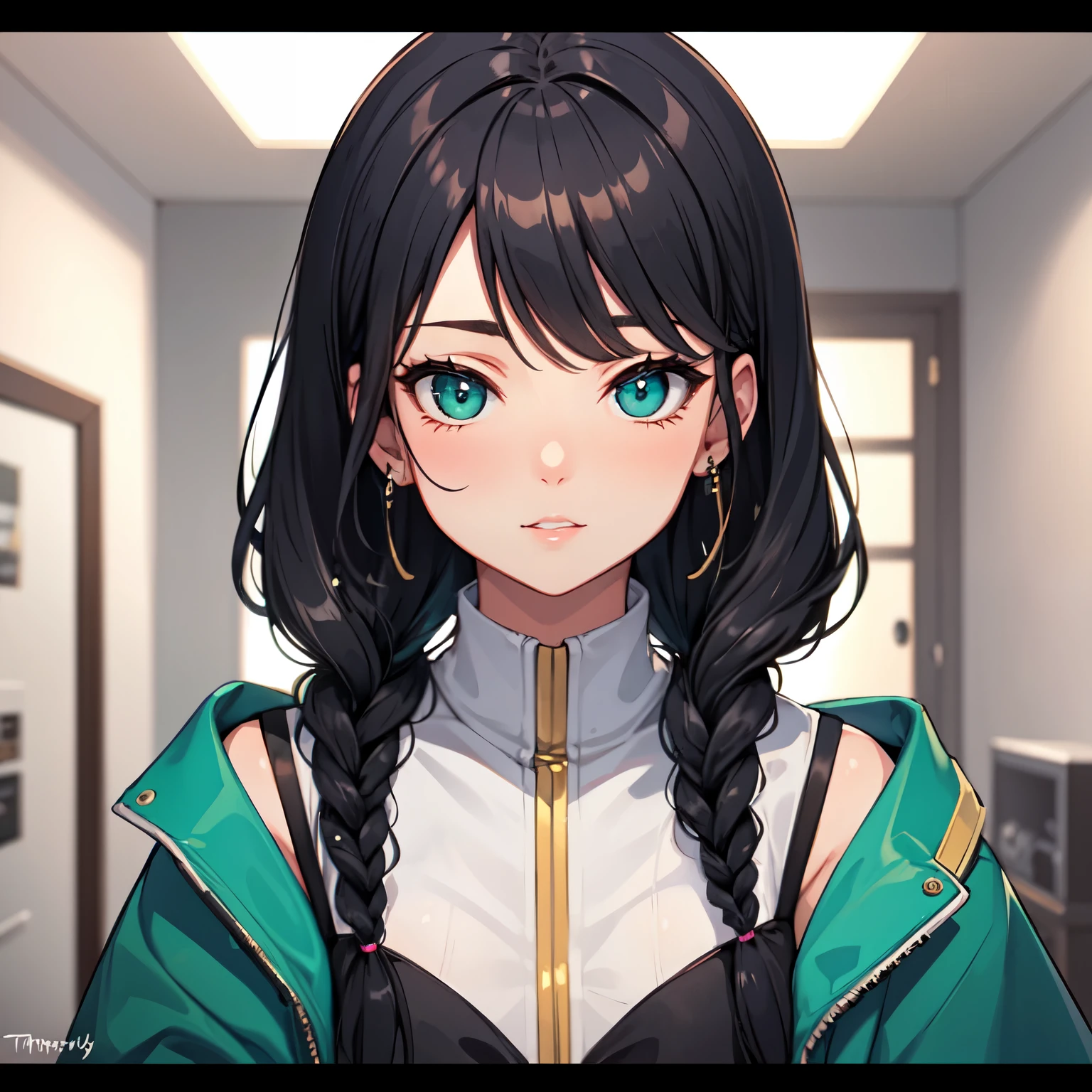 Anime girl with long black hair and green eyes in a hallway - SeaArt AI