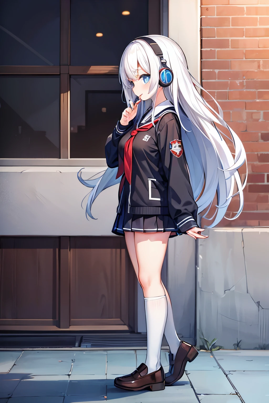 "anime girl, 1 person, silver white hair mixed with black, blue eyes, wearing headphones, female shirt, female school uniform, big breasts, chin in hand, stockings, standing cross-legged, licking lips,chibi,full body ,solo,side view, (full HD 4K+ image)"