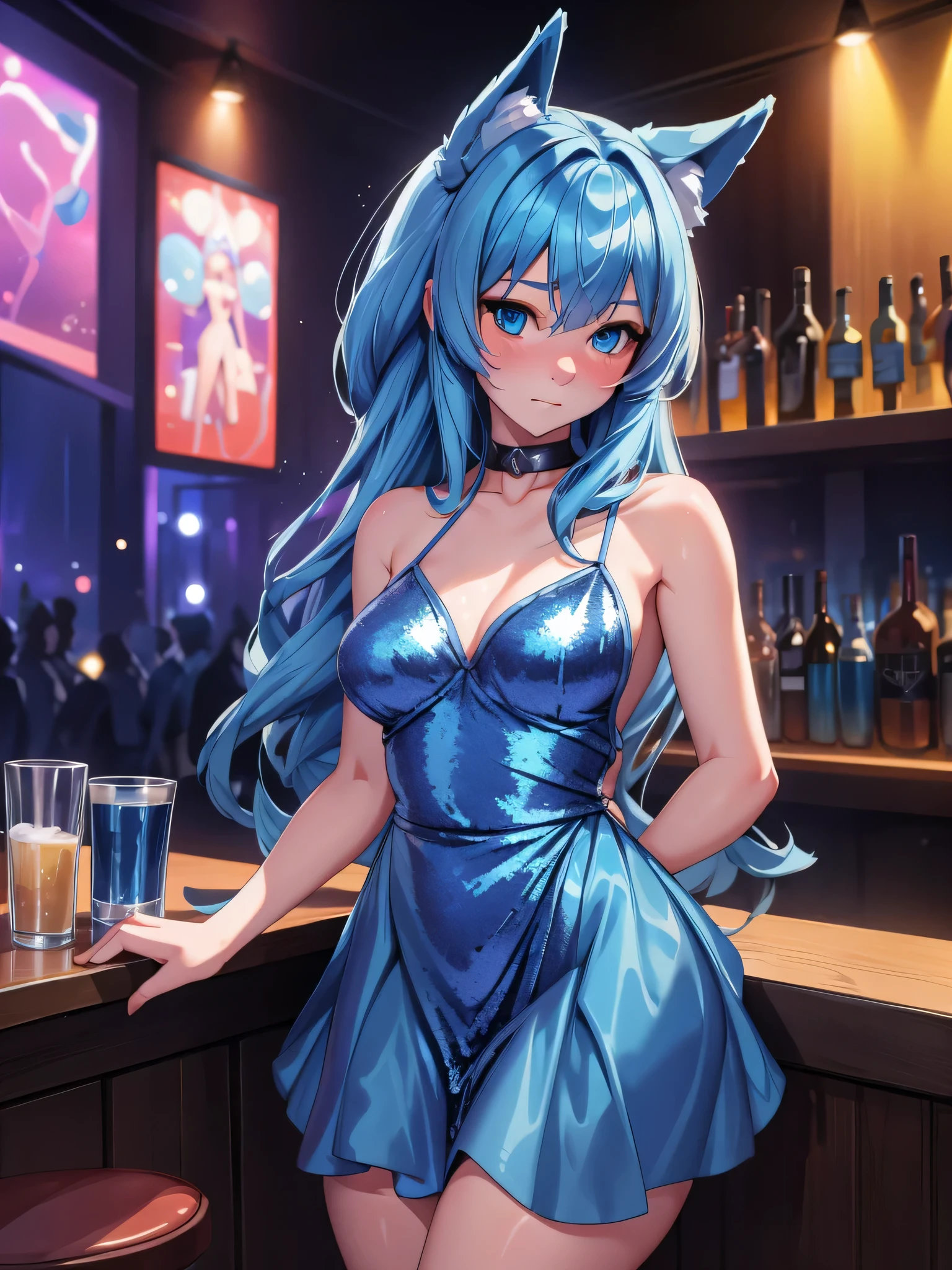 (Masterpiece) (High Detail) (High Res) A short  humanoid girl with pale human skin and blue eyes and long blue hair and blue dog ears and a big fluffy dog tail and small average breasts. British face. She is stood alone against the bar in a nightclub and is wearing a blue sequin covered dress. She looks shy.