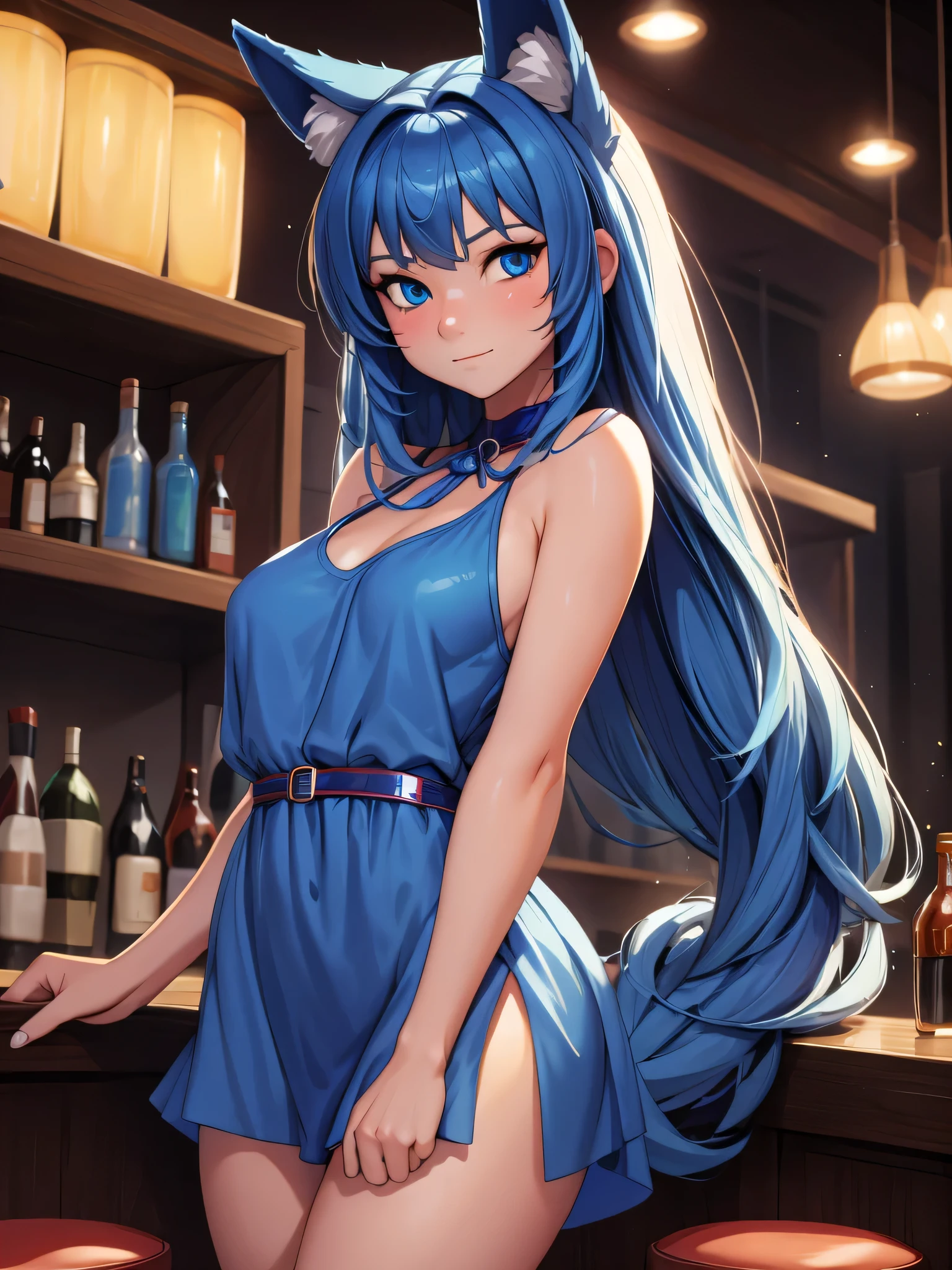 (Masterpiece) (High Detail) (High Res) A close up of short  humanoid girl with pale human skin and blue eyes and long blue hair and blue dog ears and a big fluffy dog tail and small average breasts. British face. She is stood alone against the bar in a nightclub and is wearing a blue sequin covered dress. She looks shy.