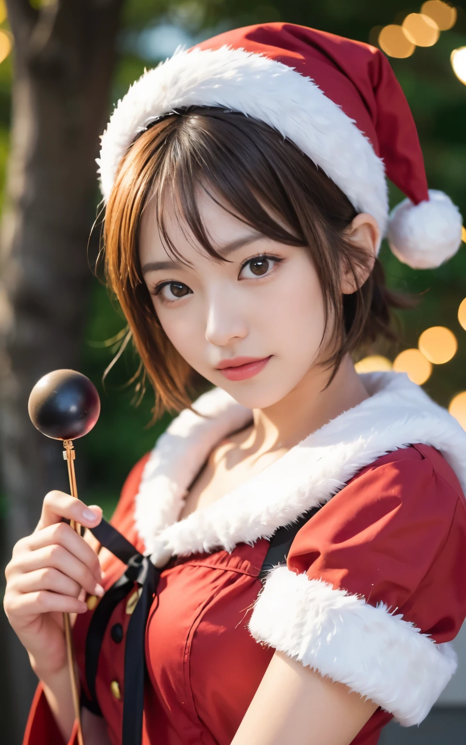 Cute 21 years old Japan、Christmas、A smile、Super Detail Face、Eye of Detail、二重まぶた、beautiful thin nose、foco nítido:1.2、prety woman:1.4、(light brown hair,short cut hair, top-quality、发光、​masterpiece、超A high resolution、(Photorealsitic:1.4)、Red Santa Claus clothes、Santa Claus Cosplay、