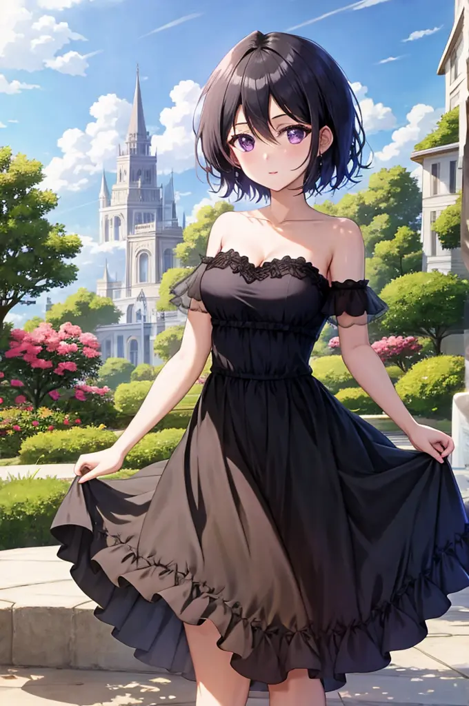 anime screencap, garden background, outside, sunny day, 1 girl, solo, short hair, black hair, purple eyes, black dress, ruffle o...