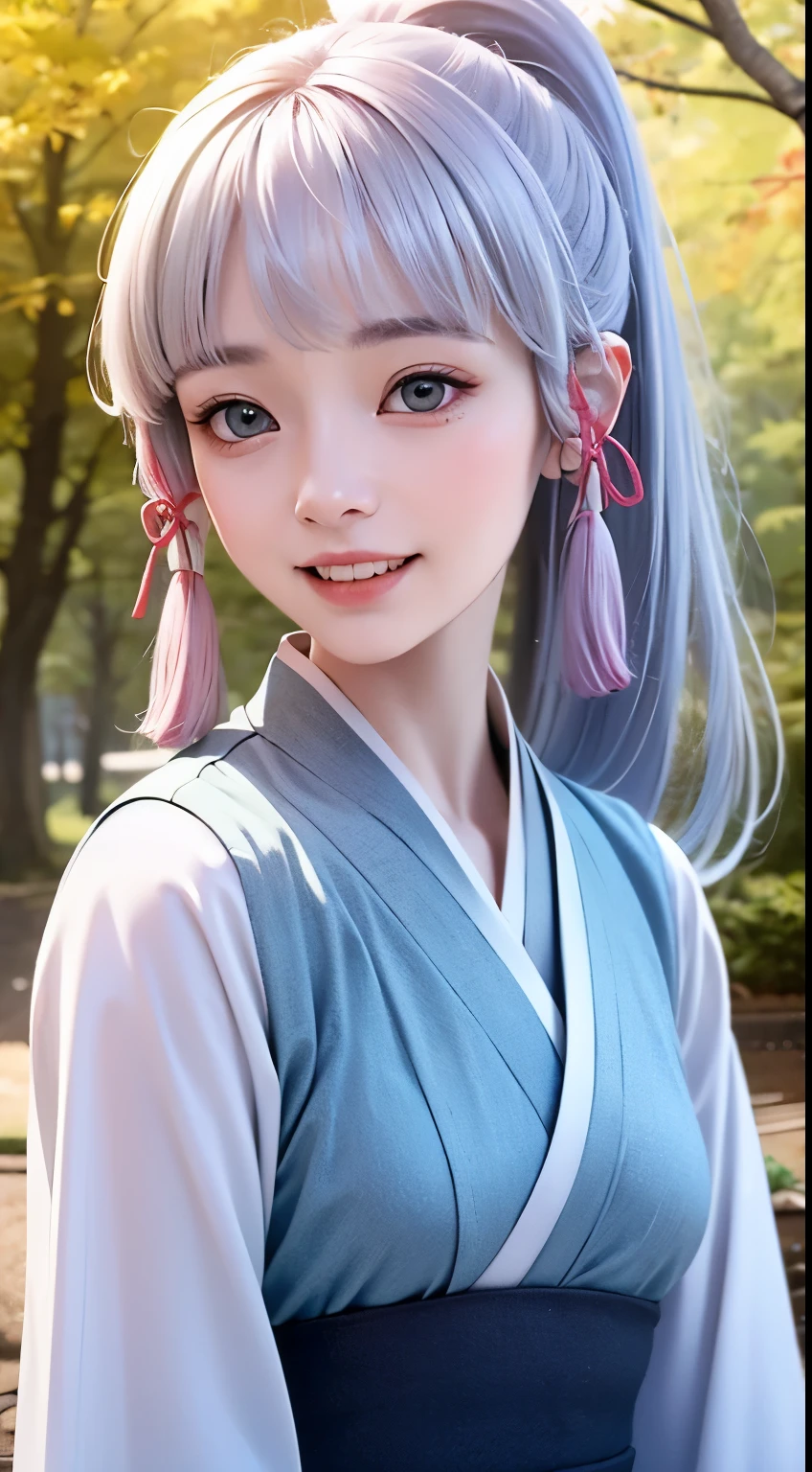 Best quality，tmasterpiece，Extremely Delicately Beautiful，The content is very detailed，CG，gatherings，8k wallpaper，An Astonishing，depth of fields，1 little Chinese girl，Wearing Chinese Hanfu，Playing in the maple forest，Red maple leaves fall，7 year old Chinese child，Very cute look，Innocent，delicate skin，Flawless Face，plain face，White hair，medium length white hair，high ponytails，There are two strands of white hair on both sides of the ears，Wear pink hair accessories，The color of the eyes is blue，Elaborate Eyes，sparkle in eyes，laughing very happily