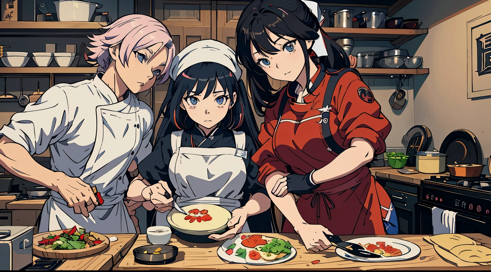 Anime characters in the kitchen，There are plates and knives inside, cooking a, cooking a show, Anime food, at the kitchen, High-quality fanart, Guweiz style artwork, offcial art, realistic anime 3D style, Today’s recommended anime is still, Zero art, slice of life anime, cooking a it up, Official fan art, sakimi chan