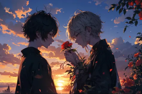 Under a beautiful sunset sky, two anime-style young men stand facing each other. On the right, a young man with short blonde hai...