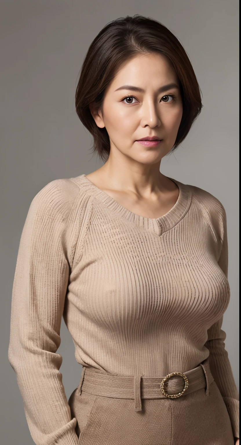 hight resolution, high-level image quality, high detailing, ​masterpiece, Textured skin, tre anatomically correct, sharp, greybackground((japanese mature, 75 years old)), 独奏, ((Wrinkles on the face)), large breasts with good shape, Light brown straight hair that reaches to the shoulders, chubby figure (((Stand upright facing the center of the screen))), Close your mouth and look straight ahead with a serious face, Sweaters, skirt by the, ((cowboy  shot)),