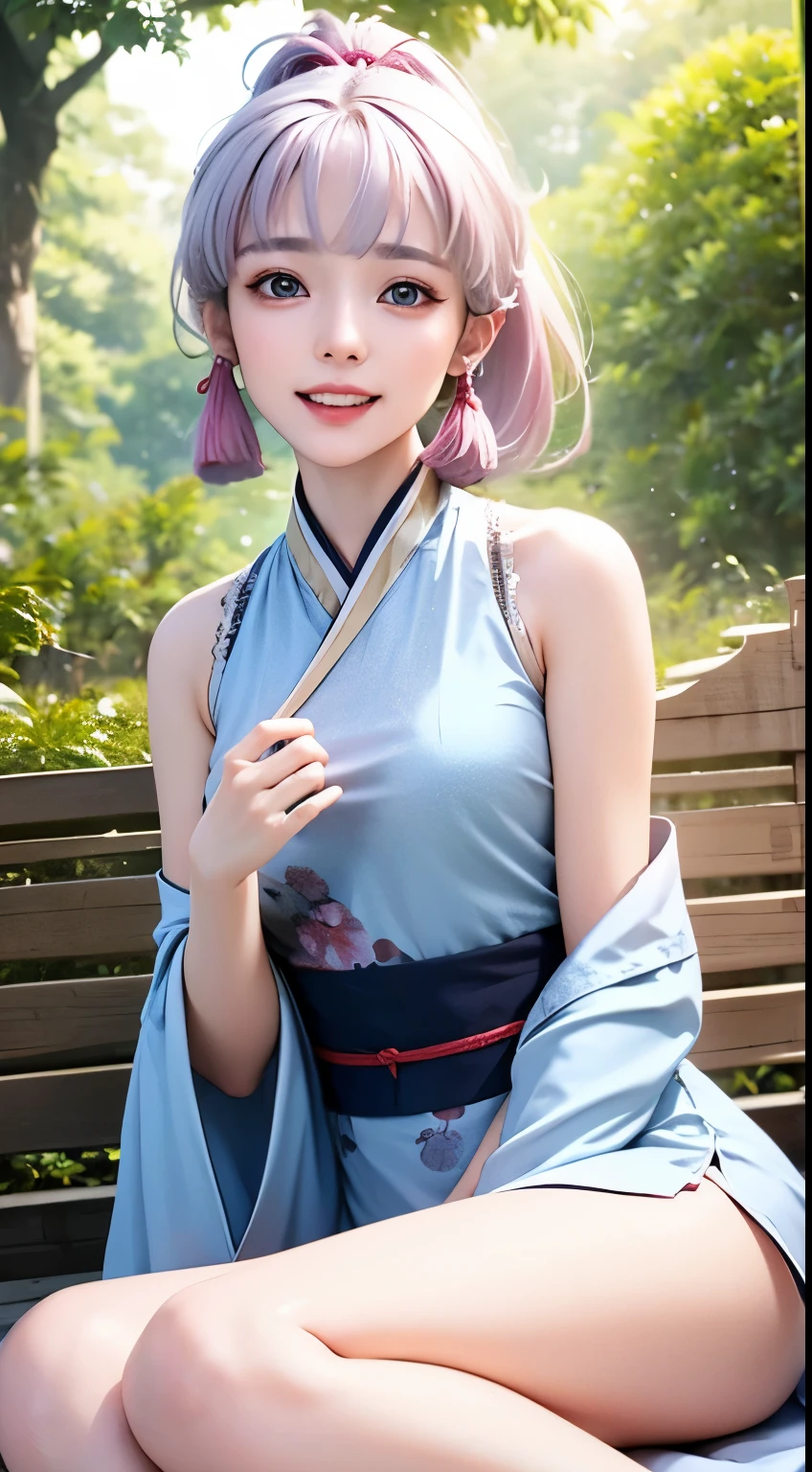 Best quality at best，tmasterpiece，Extremely Delicately Beautiful，The content is very detailed，CG，gatherings，8k wallpaper，An Astonishing，depth of fields，A 10-year-old Chinese girl，Wearing Chinese Hanfu，very beautiful clothes，Sitting in the maple forest，Red maple leaves in the air，Very cute look，Innocent，delicate skin，Flawless Face，plain face，White hair，medium length gray hair，high ponytails，There are two strands of white hair on both sides of the ears，Wear pink hair accessories，skyblue eyes，Elaborate Eyes，Eyes sparkle，laughing very happily