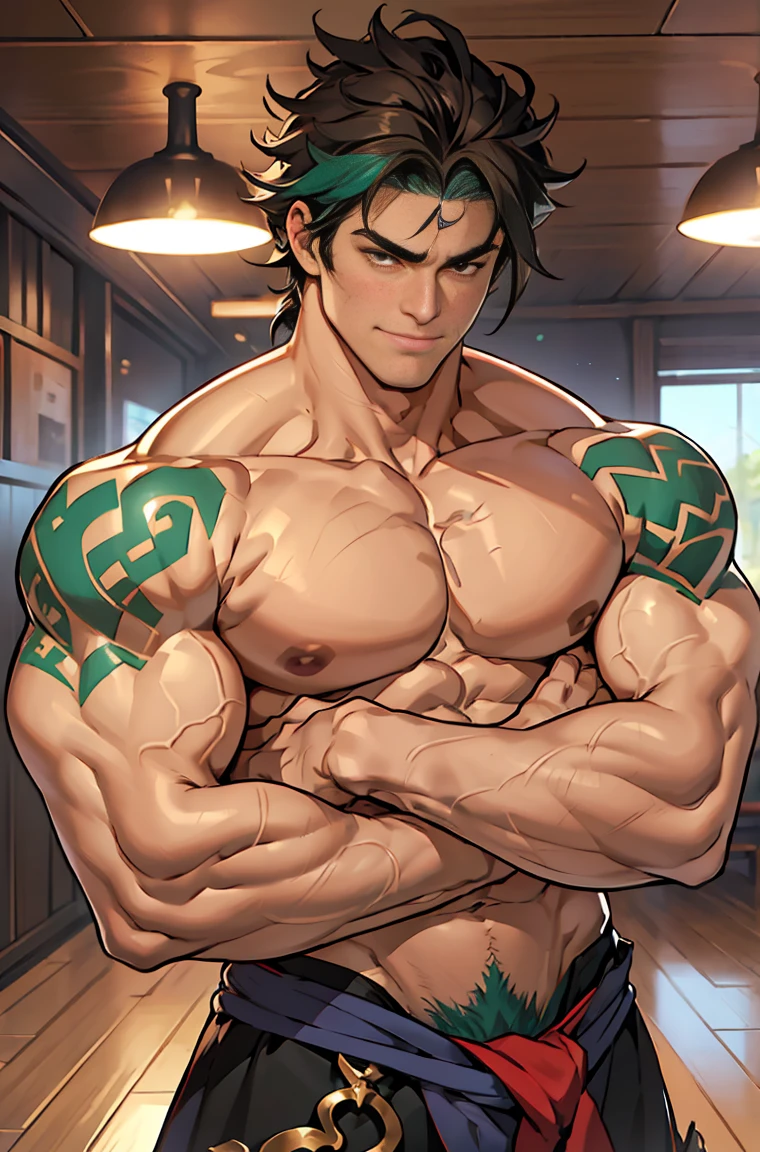 show off thick arms to the audience，Side Body，Sense of evil，Sharp eyes，Thick hair on crotch，Upper body clothes，closeup of arms，The protagonist enthusiastically hugged a thinner and shorter peer around his waist. The peer looked full of enjoyment.，There are strange dark green patterns on his shoulders，Shoulders exposed，Stout arms，Shoulders very broad，Muscles protrude a lot，Bulging crotch，Highest image quality，Pessoas do sexo masculino，Child，1 menino，jovem e bonito，Shoun，Cabelo liso curto，Pele escura，Anime peito grande，anime wallpaper，sozinho，Foco Masculino，cuecas，Dilation of the pectoral muscles，capa vermelhirilha saliente，Fundo Urbano，Espalhe as pernas，sexy,(master part, best quality),meias brancas longaotas Red Martin，((Exaggerated bulge of muscles))，The protagonist is very tall and his head almost reaches the ceiling.，The background is in an interior with vintage furniture and vintage wooden floor surrounding，Lush woods outside the window，musclebound and hulking, muscular characters, super buff and cool, tall and muscular, muscular!!, very buff, 2 muscular attractive men, massive muscles, big muscle, Muscular men, Two anime handsome men, muscular!, gigachad muscles, muscular bodies, muscular character，Giant arm