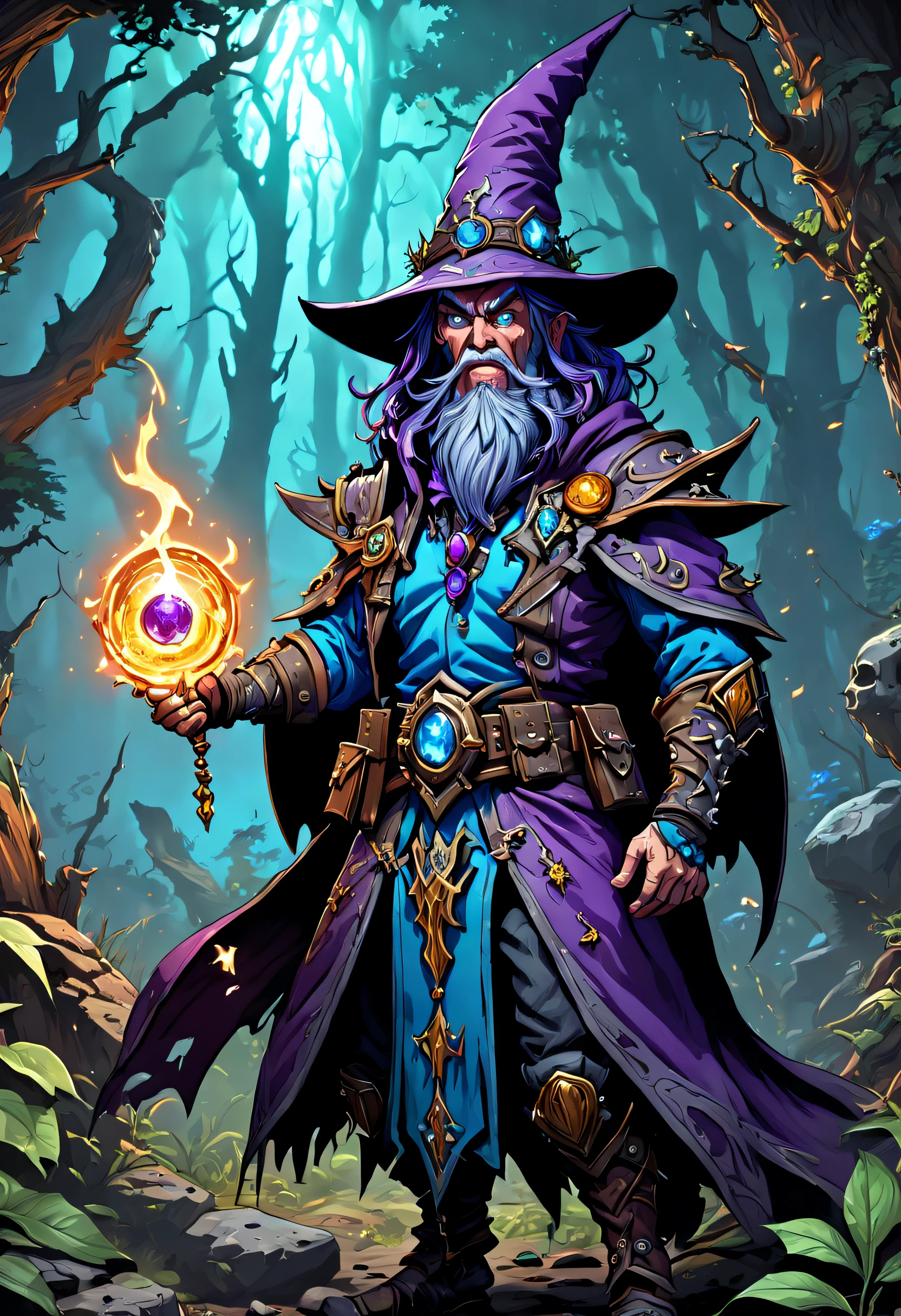 ultra detailed illustration of a rough looking wizard, dynamic pose, borderlands merged with darkest dungeon, masterpiece, (best quality:1.4) sharp focus, cel-shaded style, illustration by Mschiffer, cartoon, vector, cartoonish vector, creepy forest  environment, (cel shading), Pair with purple and blue gemstones, fantasy highly detailed, With gorgeous magic lightning rings, magia, beautiful detailed fantasy, hyper-high detail, , magic fantasy highly detailed, stuning fantasy 3 d render, Inspired by L. A, Highly detailed aesthetics, hyper-high detail