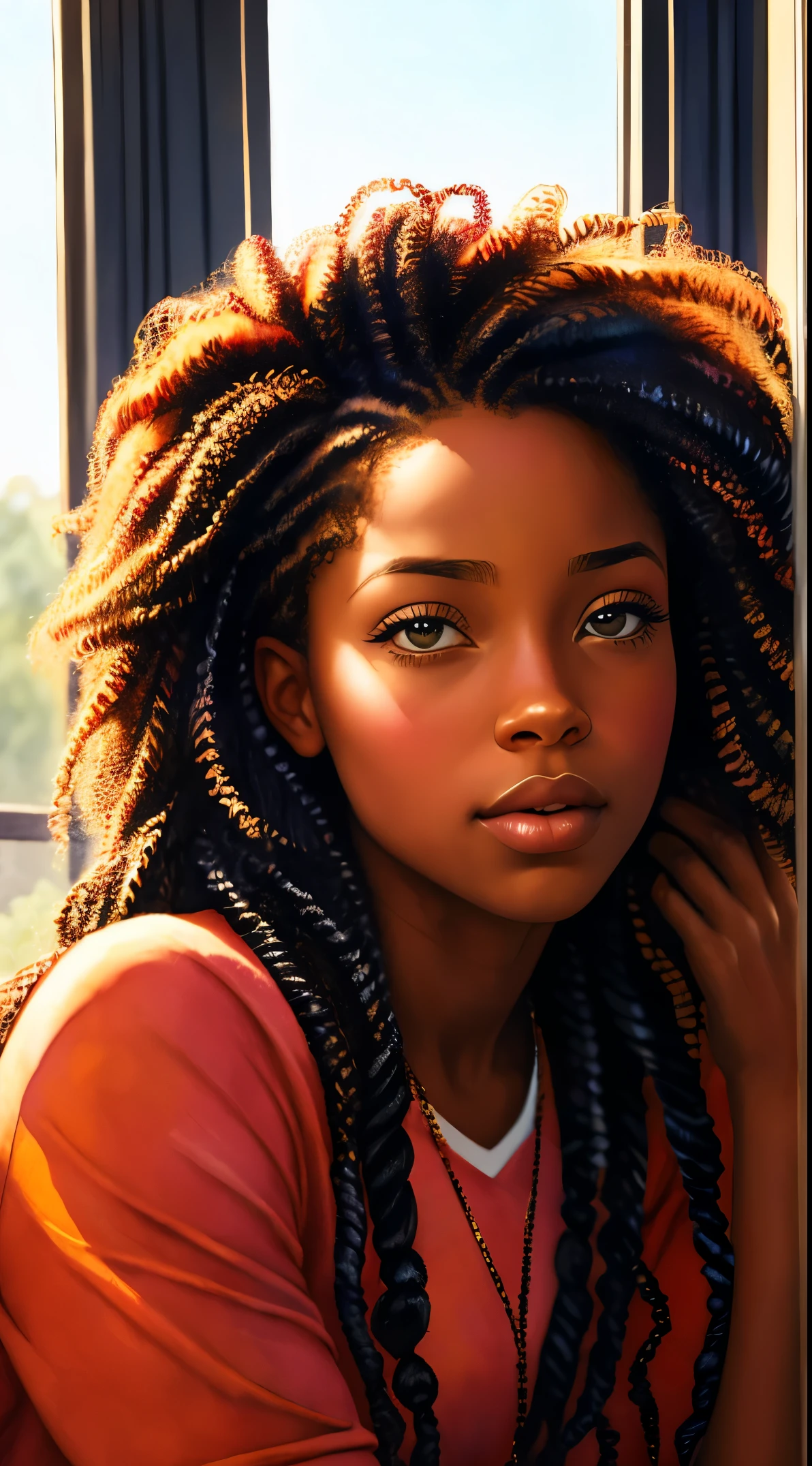 长卷发的女人, 灵感来自 Chinwe Chukwuogo-Roy, 漂亮的黑人女孩, 非洲裔美国女孩, 黑人少女, 坐在窗户旁边, 自然的_光, 水彩肖像, artstration 上的热门趋势, 冷漠的, 闪亮的卷发辫子, 非常详细, 8千, 超高清