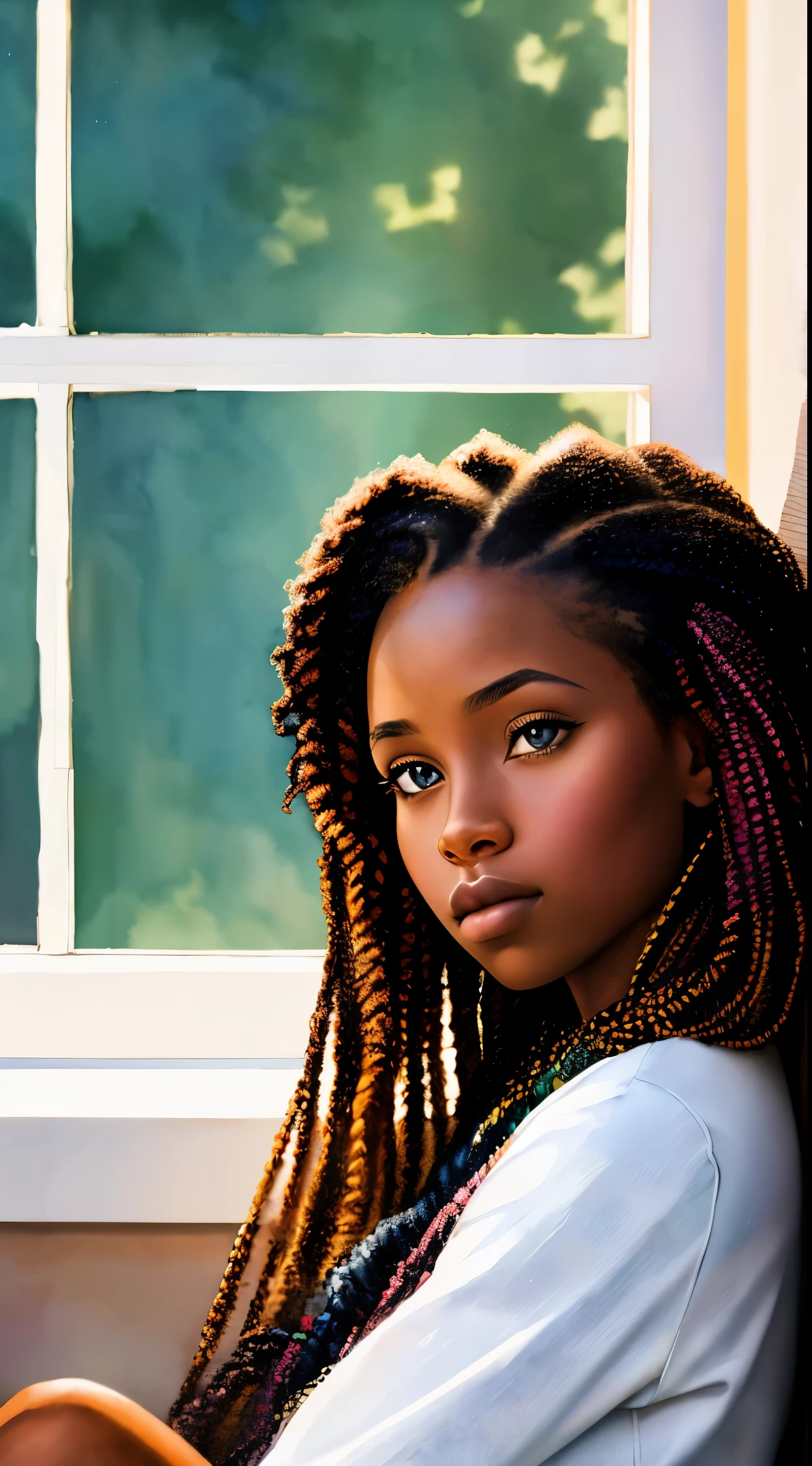 женщина с длинными волосами, вдохновленный Чинве Чуквуого-Роем, хорошенькая черная девушка, Африканская американская девушка, черная девочка-подросток, сидя возле окна, естественный_Свет, акварельный портрет, в тренде на artstration, апатичный, блестящие вьющиеся косички, очень подробный, 8К, UHD