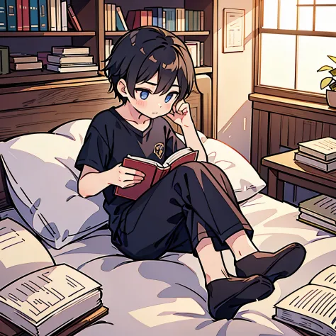 The boy on the bed, Sits, reads a book, Holding a book in his hands