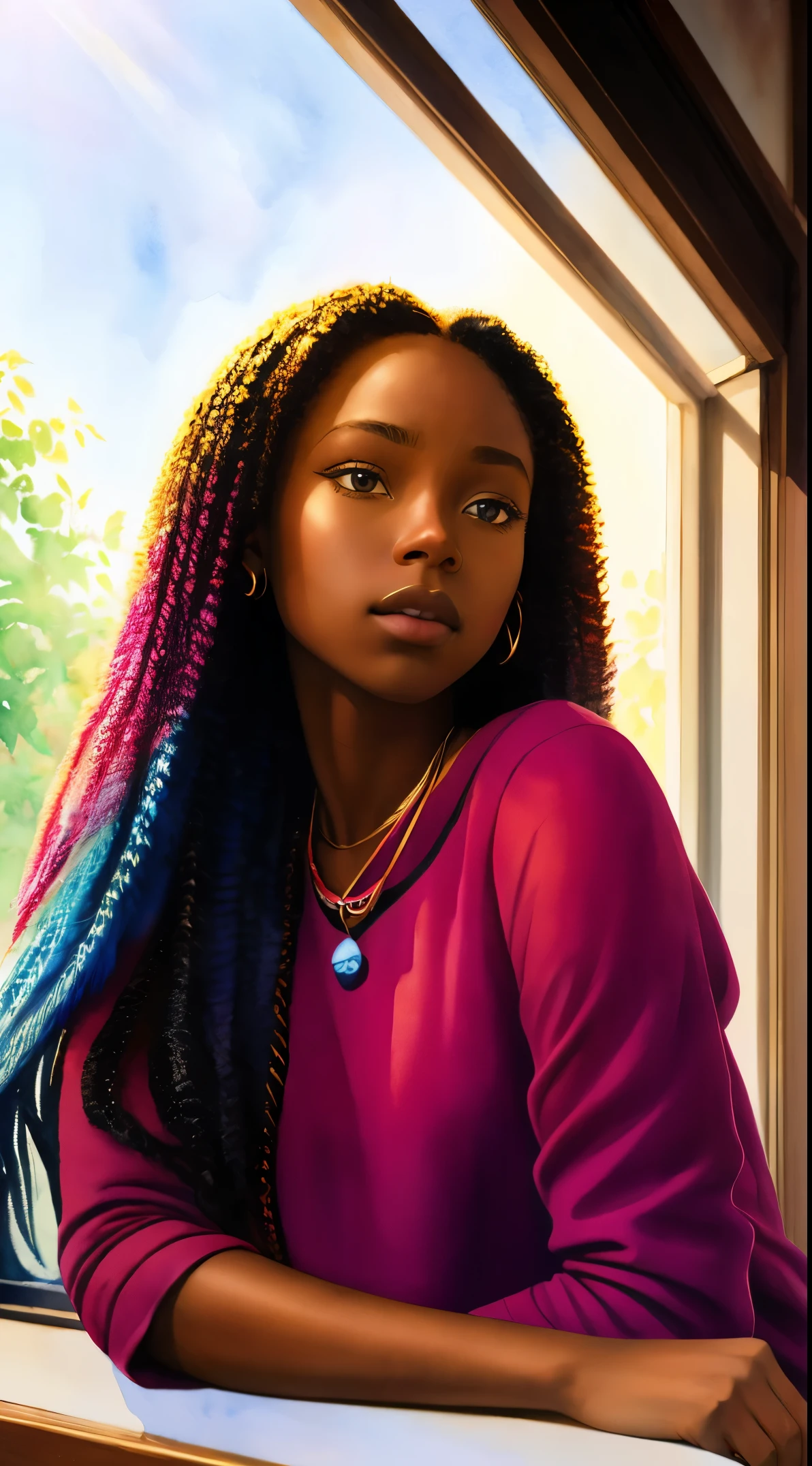 uma mulher com cabelo comprido, inspirado em Chinwe Chukwuogo-Roy, linda garota negra, linda garota afro-americana, adolescente muito negra, sentado perto de uma janela, natural_Luz, retrato em aquarela, tendências em arte, Altamente detalhado, 8K, Ultra HD