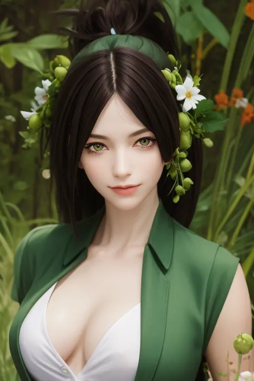 a girl with long hair, in a green suit consisting of cucumbers and peas, lots of details, greenery, close-up, hyperdetalization,...