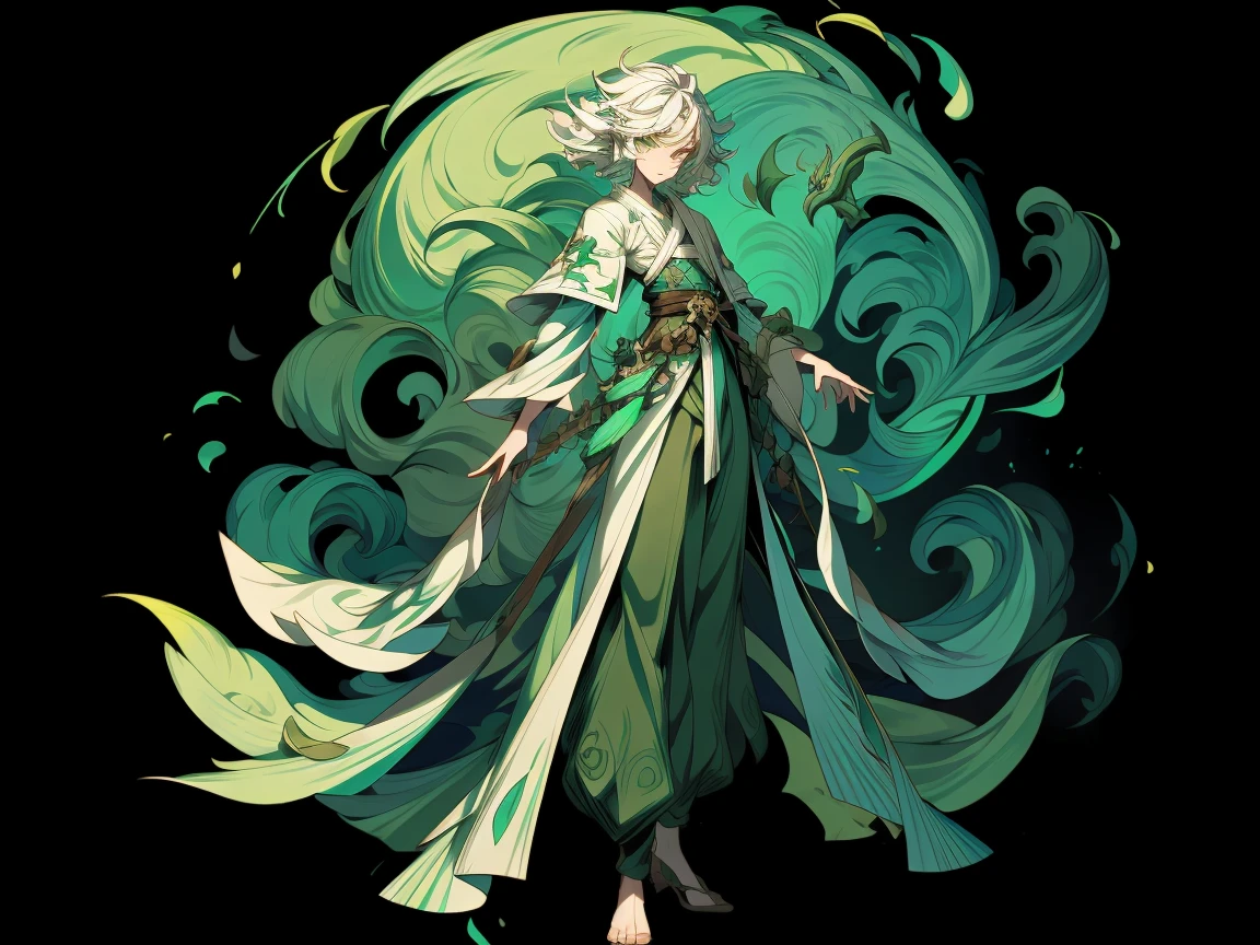 ((character concept art)), Video game character design, Detailed male with pale skin,midle hair, druid, half-elf ,Dressed as a druid,illustartion,Realistic,Harmonious colours,natural lighting, green clothes, white hair, curly hair1.3.A detailed eye, Transparent，fantasy style，extremely beautiful，High balance, natural light