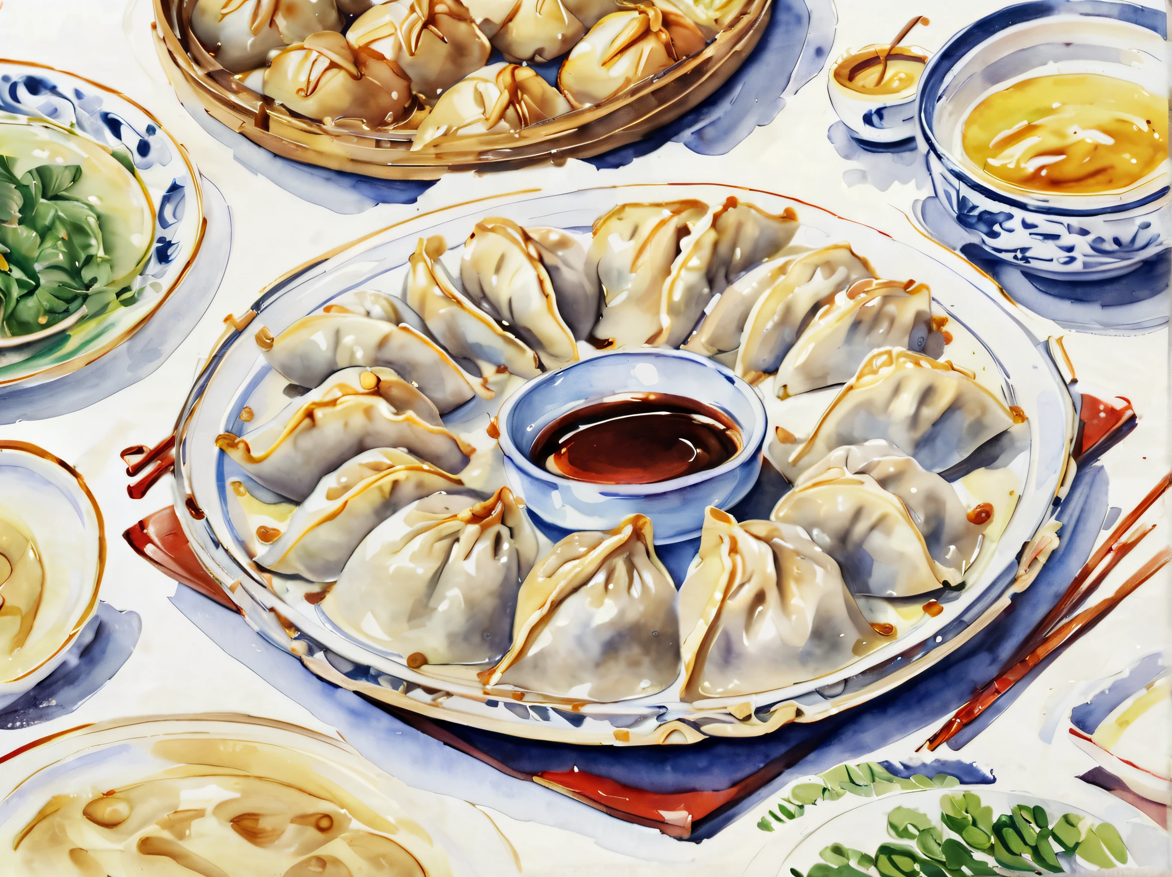 Watercolor Paint, steamed gyoza, Christmas Decorations, above angle, intricate detailes, masutepiece,