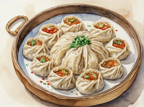 watercolor paint, steamed gyoza, christmas decorations, above angle, intricate detailes, masutepiece,