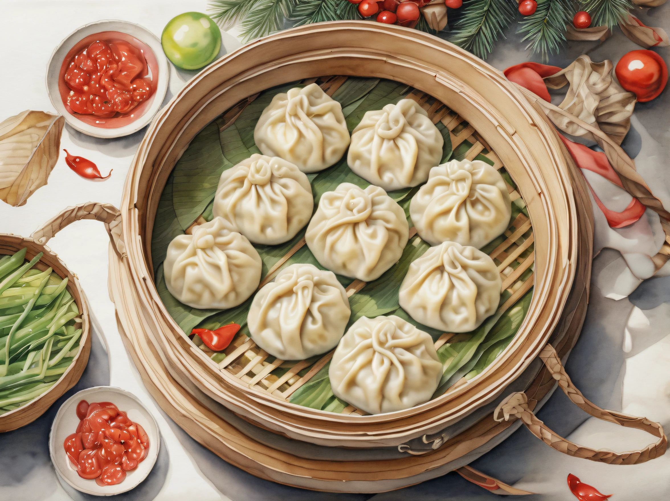 Watercolor Paint, steamed gyoza, Christmas Decorations, above angle, intricate detailes, masutepiece,