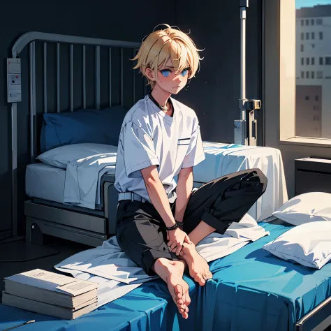 A boy sitting on a hospital bed. He has electric blond hair with a black undercut and sharp blue eyes. He has on a white shirt a...