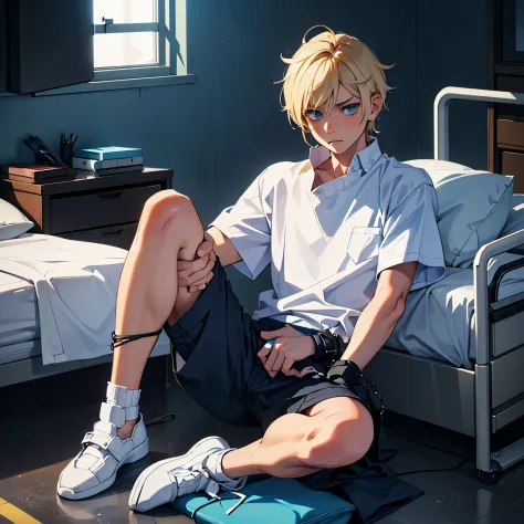 A boy sitting on a hospital bed. He has electric blond hair with a black undercut and sharp blue eyes. He has on a white shirt a...