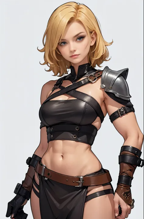 Lithe blonde knight woman, defined muscles, short wavy hair, barbarian queen, leather, straps, enslaved, dressed in rags, blank ...