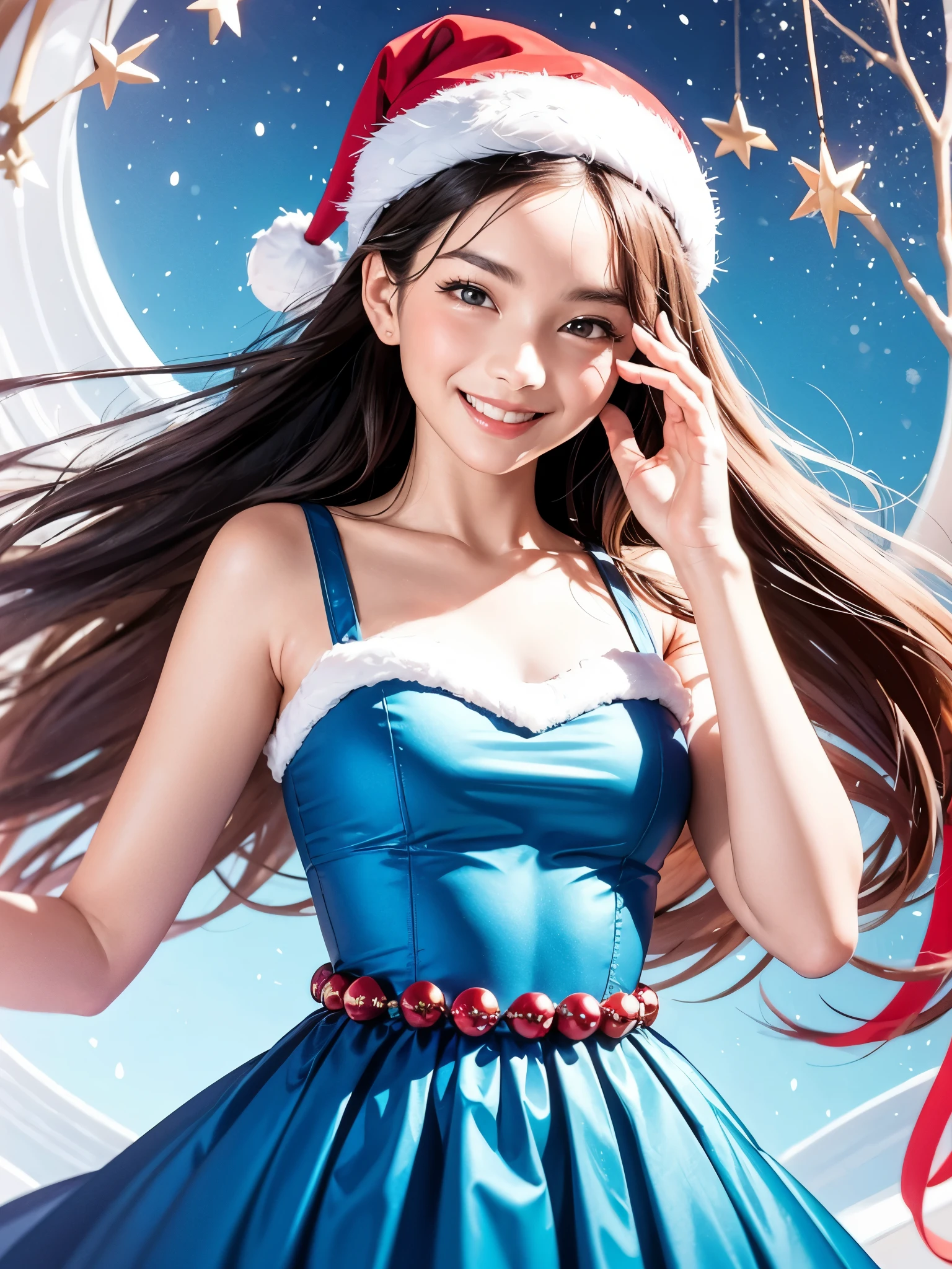 masterpiece, top quality, best quality, official art, beautiful and aesthetic, (Santa Claus), smile, random, pose extravagant,(Christmas Theme),1girl, solo, blue dress, slim body, flat chest, High quality, detailed, 8k, potrait