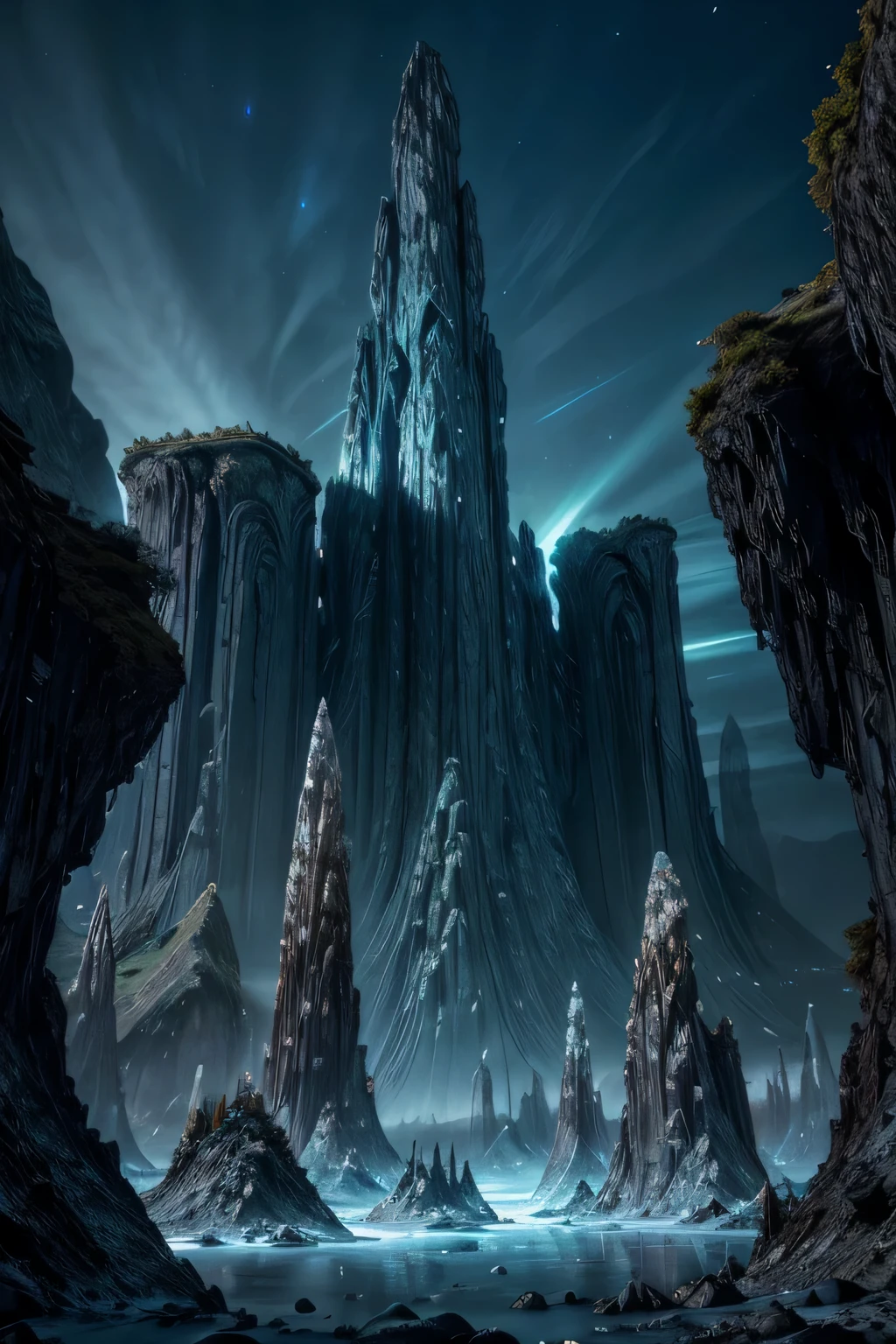 Otherworldly alien landscape with towering crystal formations and bioluminescent flora, hyperrealistic fantasy art created using cutting-edge generative algorithms.