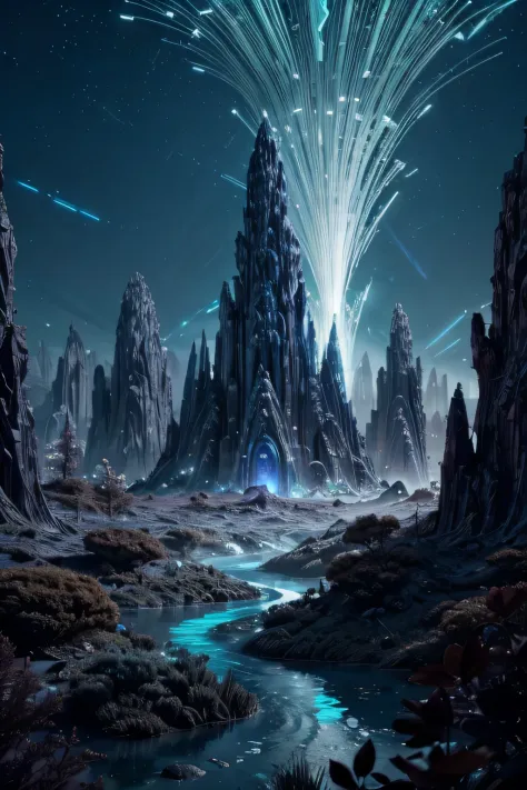 Otherworldly alien landscape with towering crystal formations and bioluminescent flora, hyperrealistic fantasy art created using...