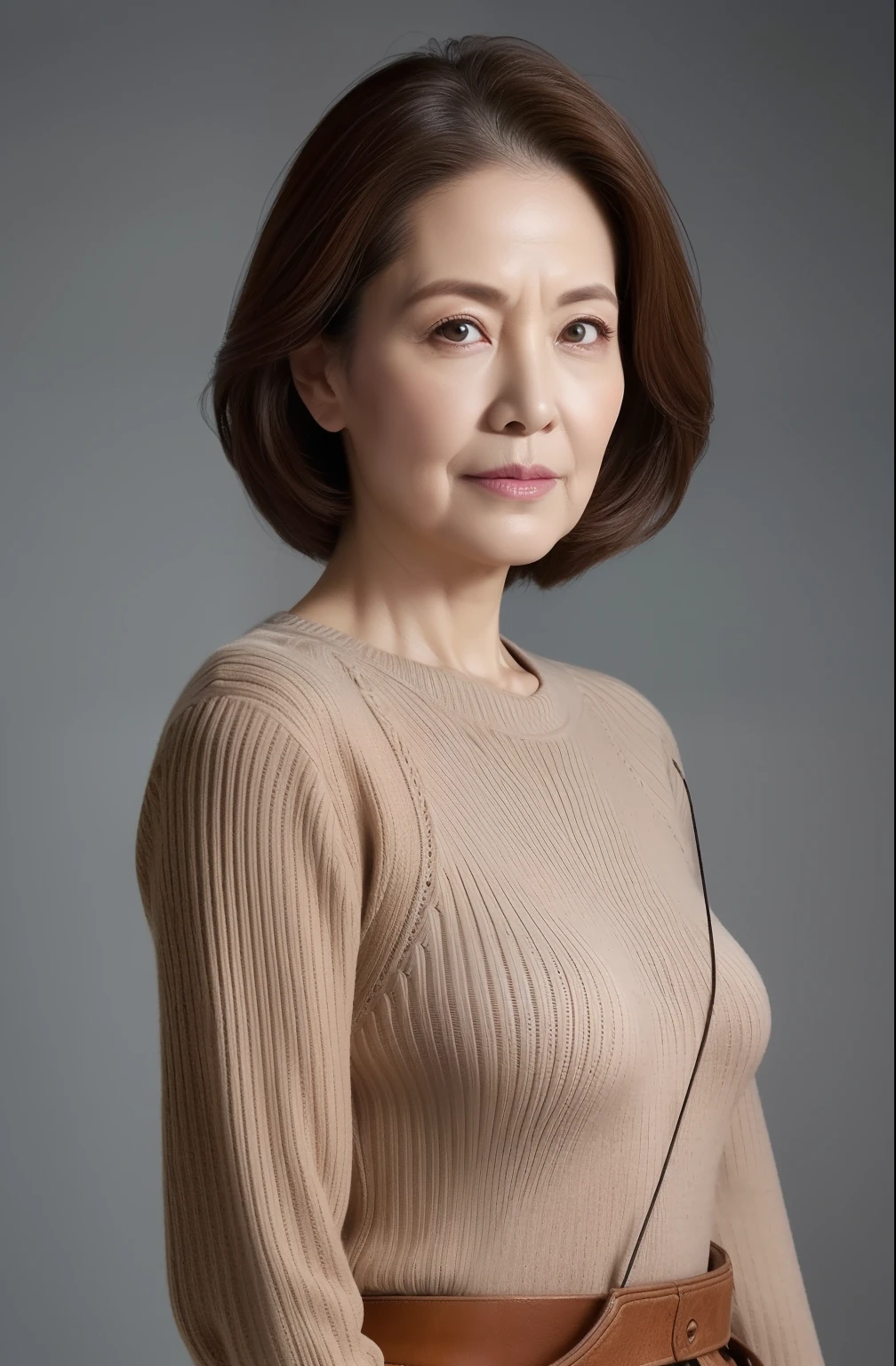 hight resolution, high-level image quality, high detailing, ​masterpiece, Textured skin, tre anatomically correct, sharp, greybackground((japanese mature, 75 years old)), 独奏, ((Wrinkles on the face)), large breasts with good shape, Straight light brown hair that reaches to the shoulders, chubby figure (((Stand upright, facing the center of the screen.))), Close your mouth and look straight ahead with a serious face, Sweaters, skirt by the, ((cowboy  shot)),