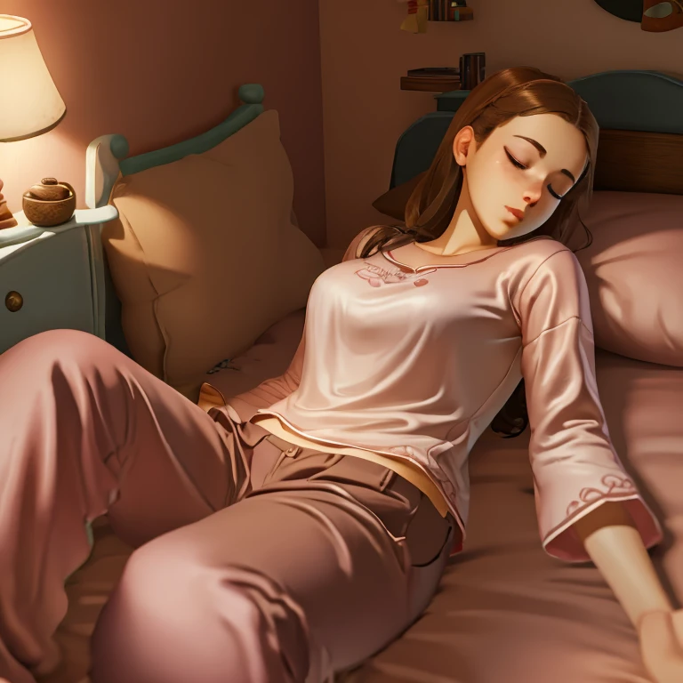 (침실),(최고의 품질,현실적인),잠자는 소녀,22 살,갈색 머리,긴 바지,핑크 잠옷
