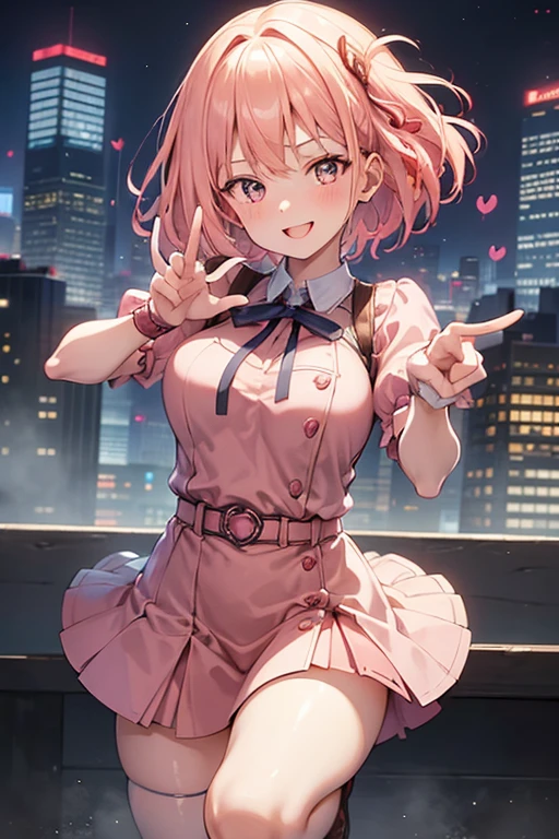 1girl in,Cowboy Shot, Beautiful Nora_valkyrie, Looking at Viewer, Smile, Short hair, Blue eyes,heart cutout, gloves,  Jacket, Pink skirt, Pink belt, Short sleeves, Puffy sleeves, Single armband, fingerless gloves, Orange hair, pink gloves, Dynamic Pose, Night, Outdoors, city, (Volumetric lighting), Best Quality, masutepiece, Intricate details, tonemapping, Sharp Focus, Hyper Detailed, Trending on ArtStation,