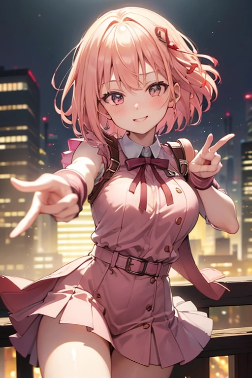 1girl in,Cowboy Shot, Beautiful Nora_valkyrie, Looking at Viewer, Smile, Short hair, Blue eyes,heart cutout, gloves,  Jacket, Pink skirt, Pink belt, Short sleeves, Puffy sleeves, Single armband, fingerless gloves, Orange hair, pink gloves, Dynamic Pose, Night, Outdoors, city, (Volumetric lighting), Best Quality, masutepiece, Intricate details, tonemapping, Sharp Focus, Hyper Detailed, Trending on ArtStation,