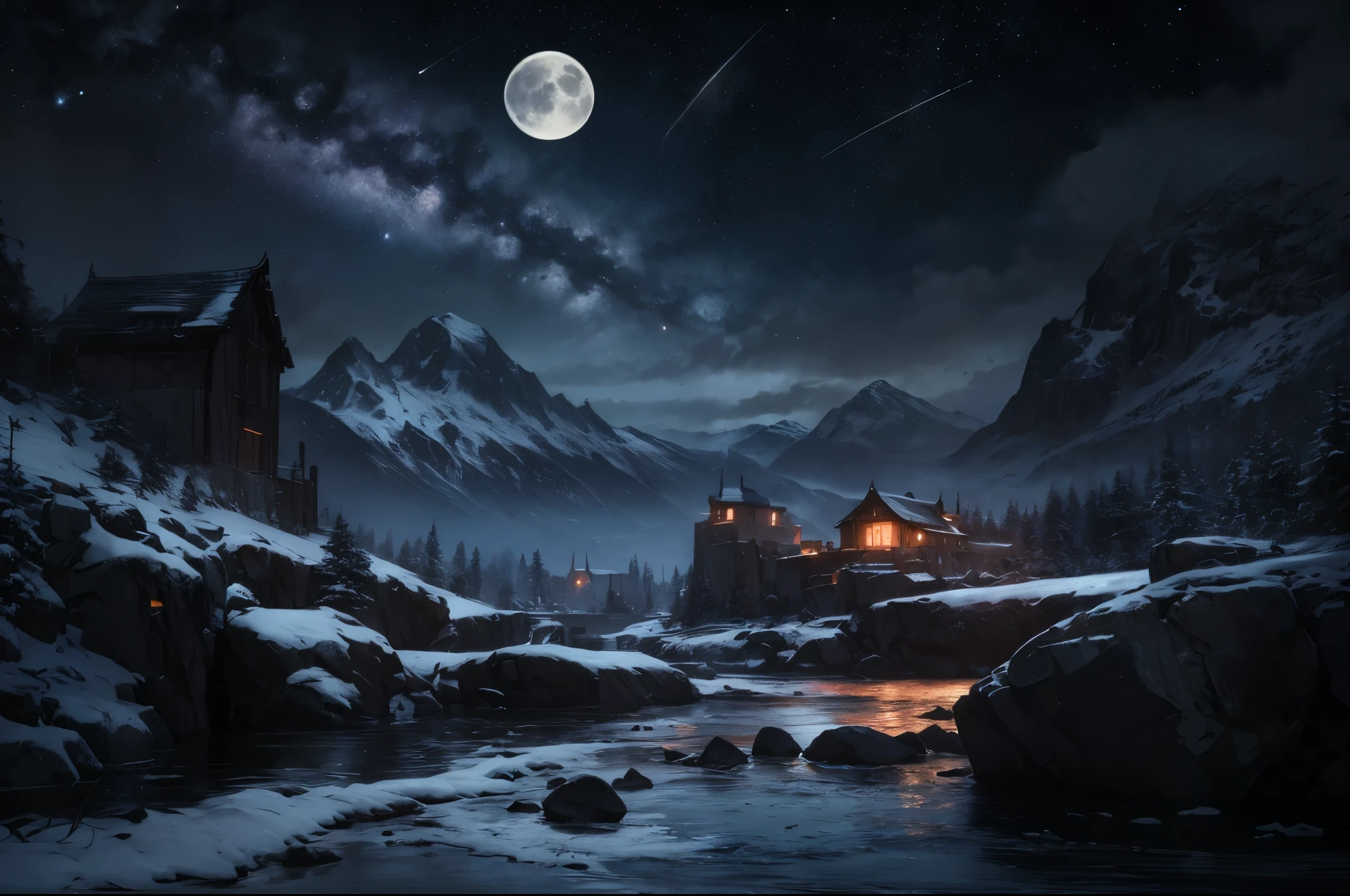 Vast Landscape Photo (view from bottom, which shows the sky above and the rocks below), Fortress at the top (full moon: 1,2), (Shooting stars: 0,9), (nebula: 1,3), A Distant Mountain ,(Cold light source:1.2), Lonely Mountain, Snow-capped mountains, voluminous lighting, реализм BREAK (tmasterpiece:1.2), (beste-Qualit), 4k, Ultra-detailed, (Dynamic composition: 1.4), Detailed, colorful details, (Cool Color Scheme: 1.2), (Glowing Lighting, Ambiance Lighting), dreamy, elvish, (独奏: 1.2)