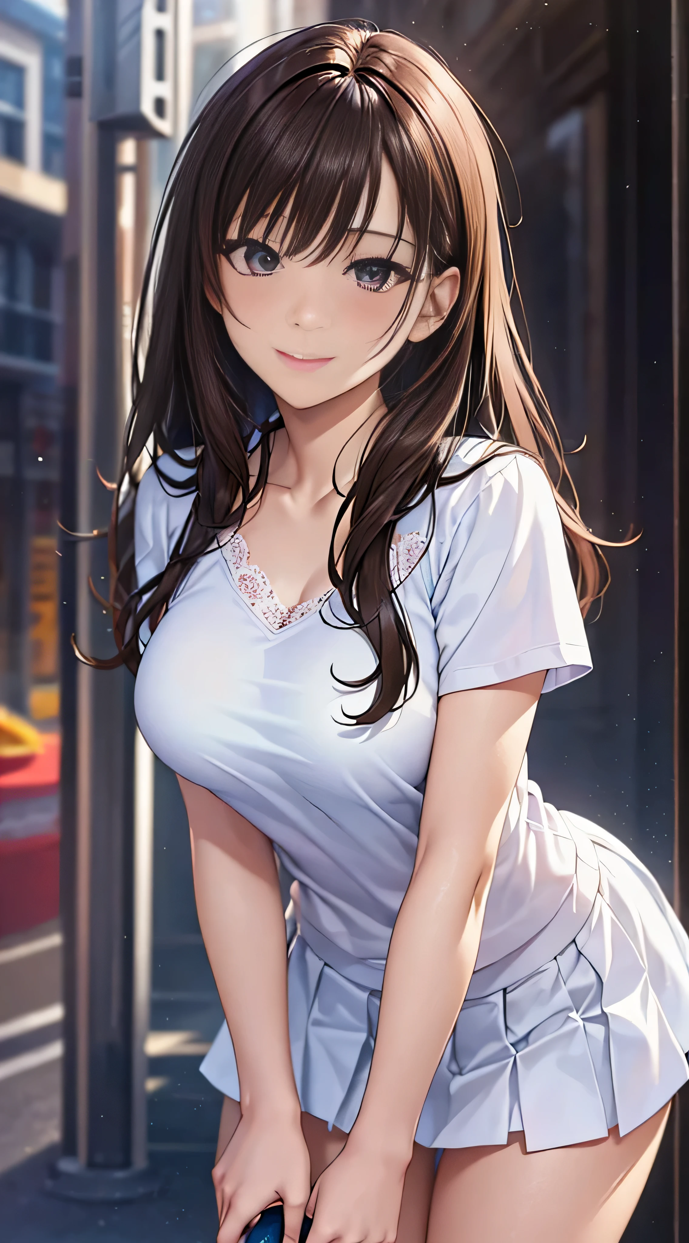 ((masutepiece, Best Quality, hight resolution, nffsw, Perfect Pixel, 4K, nffsw, nffsw))), 1girl in, Single, Solo, Beautie、full body seen、 ((Middle Wave Hair, Bangs, Brown hair)), ((Brown-eyed, Beautiful eyelashes, Realistic eyes)), ((Detailed face, Blushing:1.2)), ((Smooth texture:0.75, Realistic texture:0.65, Photorealistic:1.1, Anime CG style)), medium breasts, Dynamic Angle, Perfect body, White tennis wear, Shirts with short sleeve collar、pleatedskirt,breasts looking、(no-bra)、、, tennis coat、during daytime、all-fours、Looks Back、Transverse breasts、Very embarrassing panic smile、(Pink lace panties)、