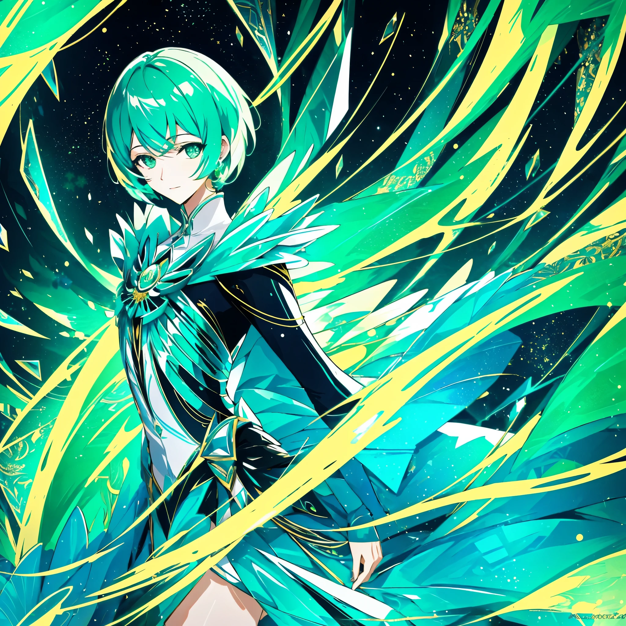 phosphophyllite, phos, short_hair, green_hair, shiny_hair, portrait, regal, robe, intricated, detailed,  cyberpunk,  splash screen, swirling background