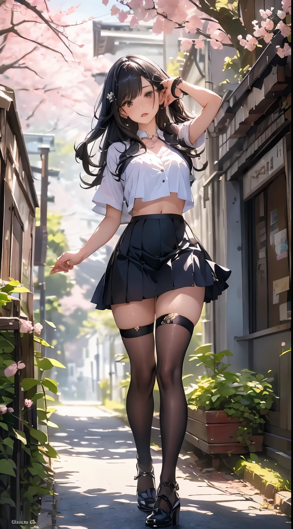 Girls wear skirts，It's a perfect face，scantily clad,Willow waist,(Cherry blossom tree)，(actual, realistically), (depth of fields),Long black hair,Thigh thick,view the viewer , insanely details, Complicated details, Skeleton costume,(Lop), Lower chest Skeleton costume,Shiny holographic Skeleton costume:1.1 , Large breasts droop,Blonde hair,Redlip ,Sheer skirt，(((8K，winning artwork，dynamicposes)))，