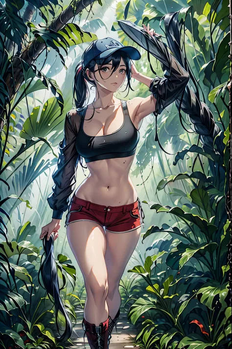 The Painting of a determined woman with long black hair tied in a loose ponytail wearing an explorer hat, an unbuttonned torn bl...