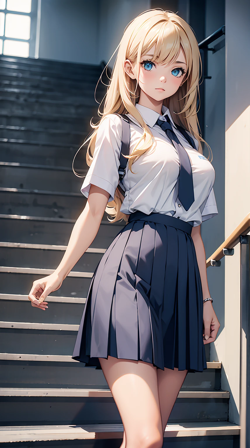 Masterpiece,stunning realistic,best quality,sharpness,1 girl standing in a school,standing on school stairs,wearing a jk ,white shirt,dunkelblaue krawatte,dunkleblauer Rock,blonde middle long straight hair hair,green eyes,middle large 