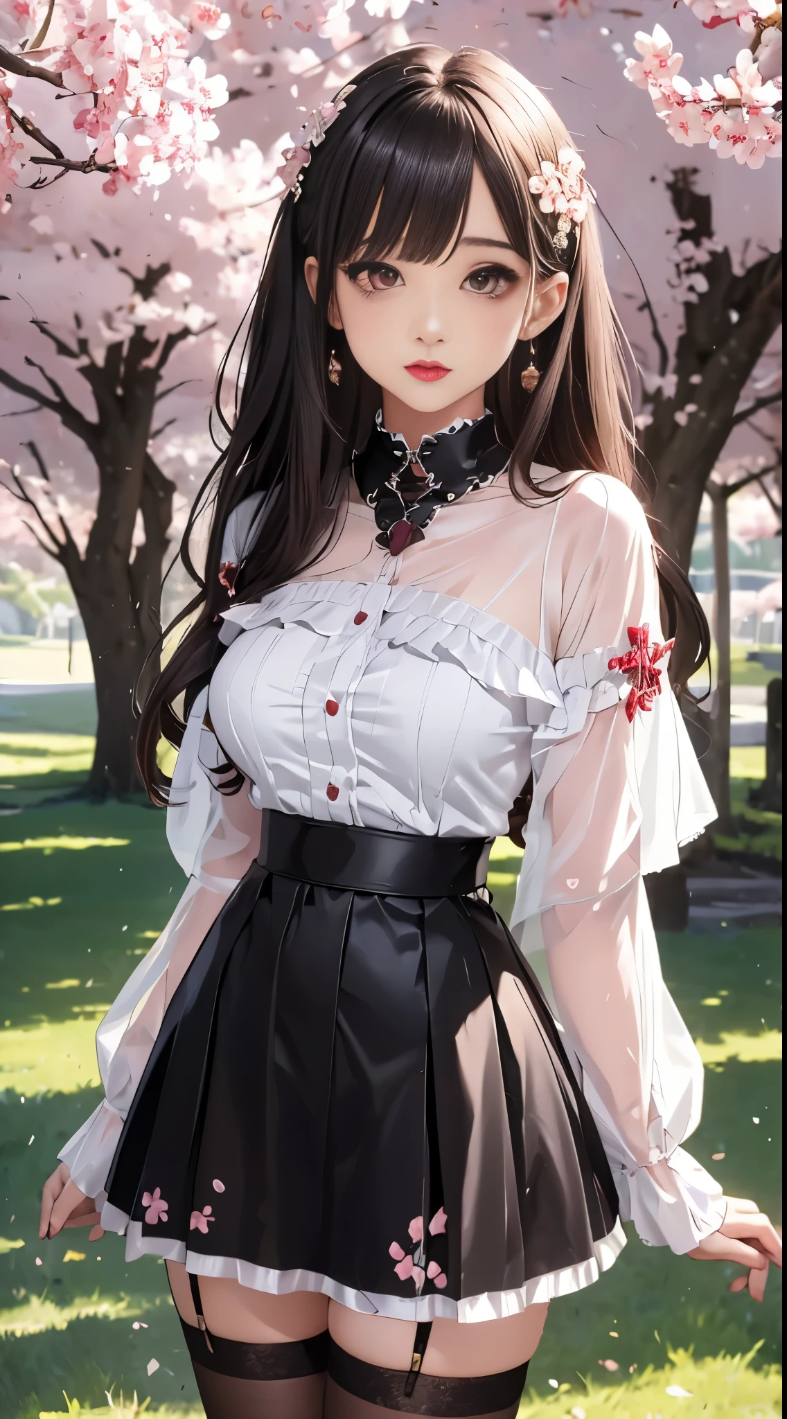 Girls wear skirts，It's a perfect face，scantily clad,Willow waist,(Cherry blossom tree)，(actual, realistically), (depth of fields),Long black hair,Thigh thick,view the viewer , insanely details, Complicated details, Skeleton costume,(Lop), Lower chest Skeleton costume,Shiny holographic Skeleton costume:1.1 , Large breasts droop,Blonde hair,Redlip ,Sheer skirt，(((8K，winning artwork，dynamicposes)))，