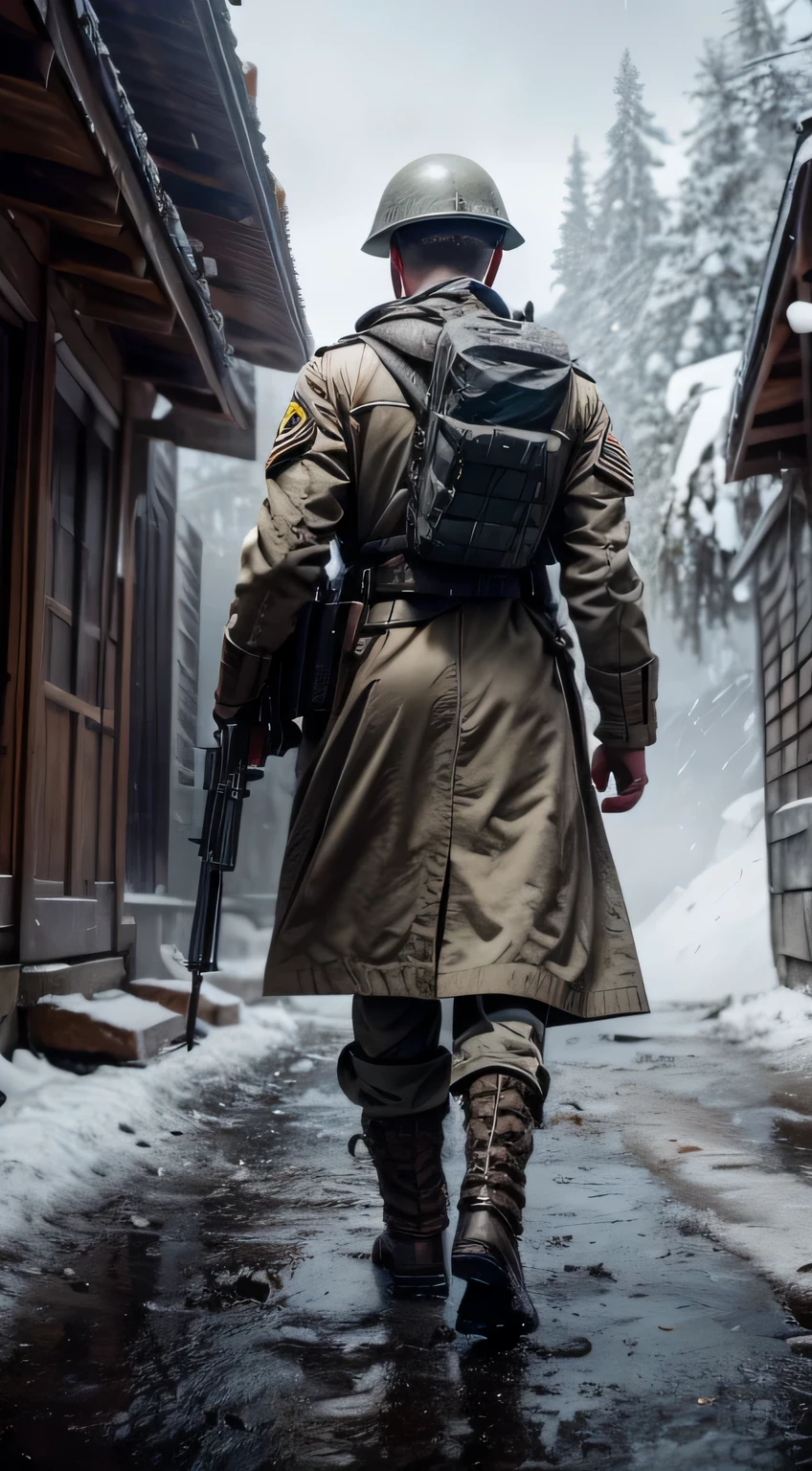 Step onto the battlefields of World War II, witnessing a stoic soldier in the midst of snowy mountain terrain. Envision hyper-realistic 4K detail, intensified by cyan rim lights, motion blur, and Unreal Engine 5's cinematic magic. Capture the panoramic view with an Ultra-Wide 25mm lens, employing Depth of Field, Tilt Blur, Shutter Speed 1/1000, and F/22 for unmatched realism. Elevate the scene with 32k Super-Resolution, Pro Photo RGB, and VR compatibility. Convey the soldier's solitude with Half rear Lighting, Backlight, and Natural Lighting. Illuminate with Incandescent, Optical Fiber, and Cinematic Lighting. Embed intricate wartime details with global illumination, reflections, and shadows for an emotionally charged hyper-realistic portrayal.