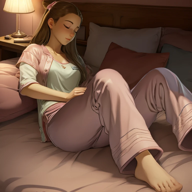 (chambre à coucher),(meilleure qualité,réaliste),Fille endormie,22 ans,cheveux bruns,pantalons longs,pyjama rose