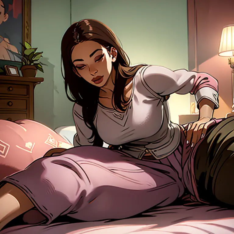 (bedroom),(best quality,realistic),sleeping girl,28 years old,brown hair,long pants,pink pajamas