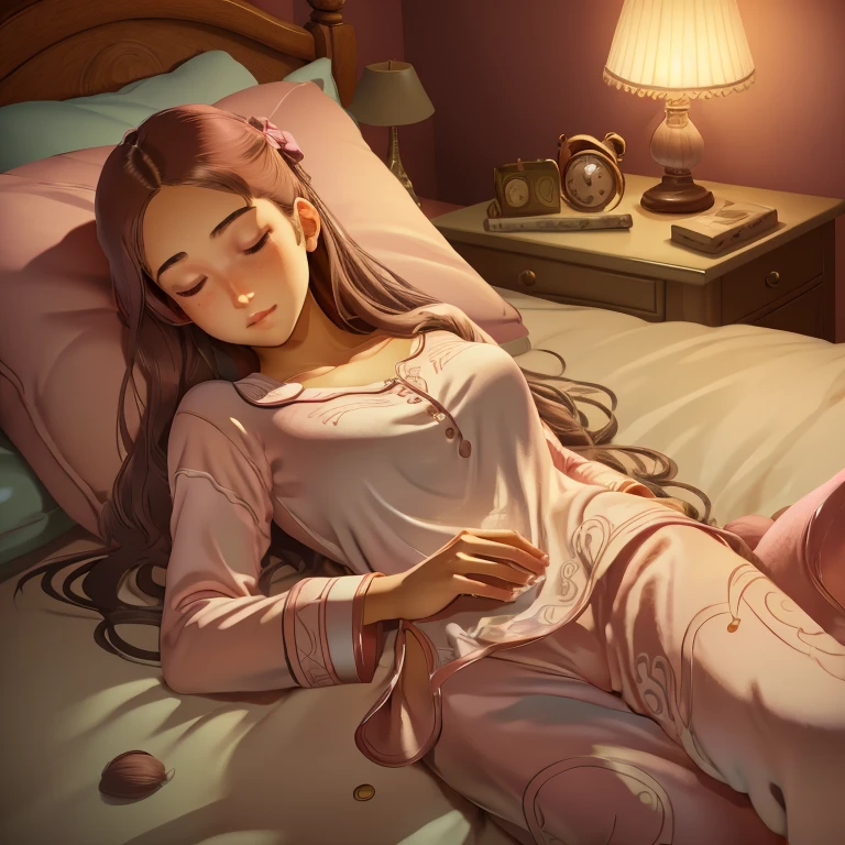 (реалистичный, Лучшее качество) Мирная сцена в спальне со спящей девушкой лет двадцати с небольшим.. Ее длинные каштановые волосы ниспадают каскадом на подушку, пока она мирно отдыхает.. Она одета в розовую пижаму, носить длинные брюки. Комната мягко освещена, создание успокаивающей и расслабляющей атмосферы. Изображение высокого разрешения фиксирует каждую деталь, от замысловатого дизайна пижамы до отдельных прядей волос. Цвета яркие, повышение общей реалистичности сцены. Фокусировка резкая, позволяющий четко видеть лицо девушки. Освещение тщательно настроено, чтобы имитировать теплое, уютная атмосфера настоящей спальни.