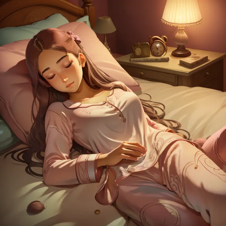 (realistic, best quality) A peaceful bedroom scene with a sleeping girl in her late twenties. Her long brown hair cascades over ...
