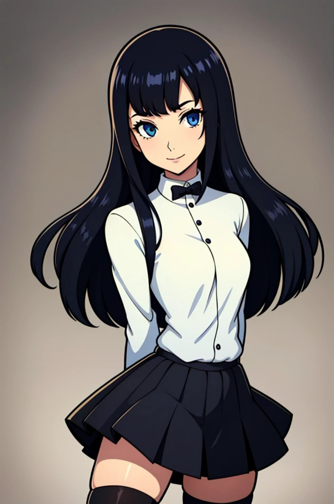 masterpiece, best quality, long black hair, blue eyes, hair covering eyes, portrait, smile, female, black gekkoukan high school uniform, black skirt, black thigh highs, simple background