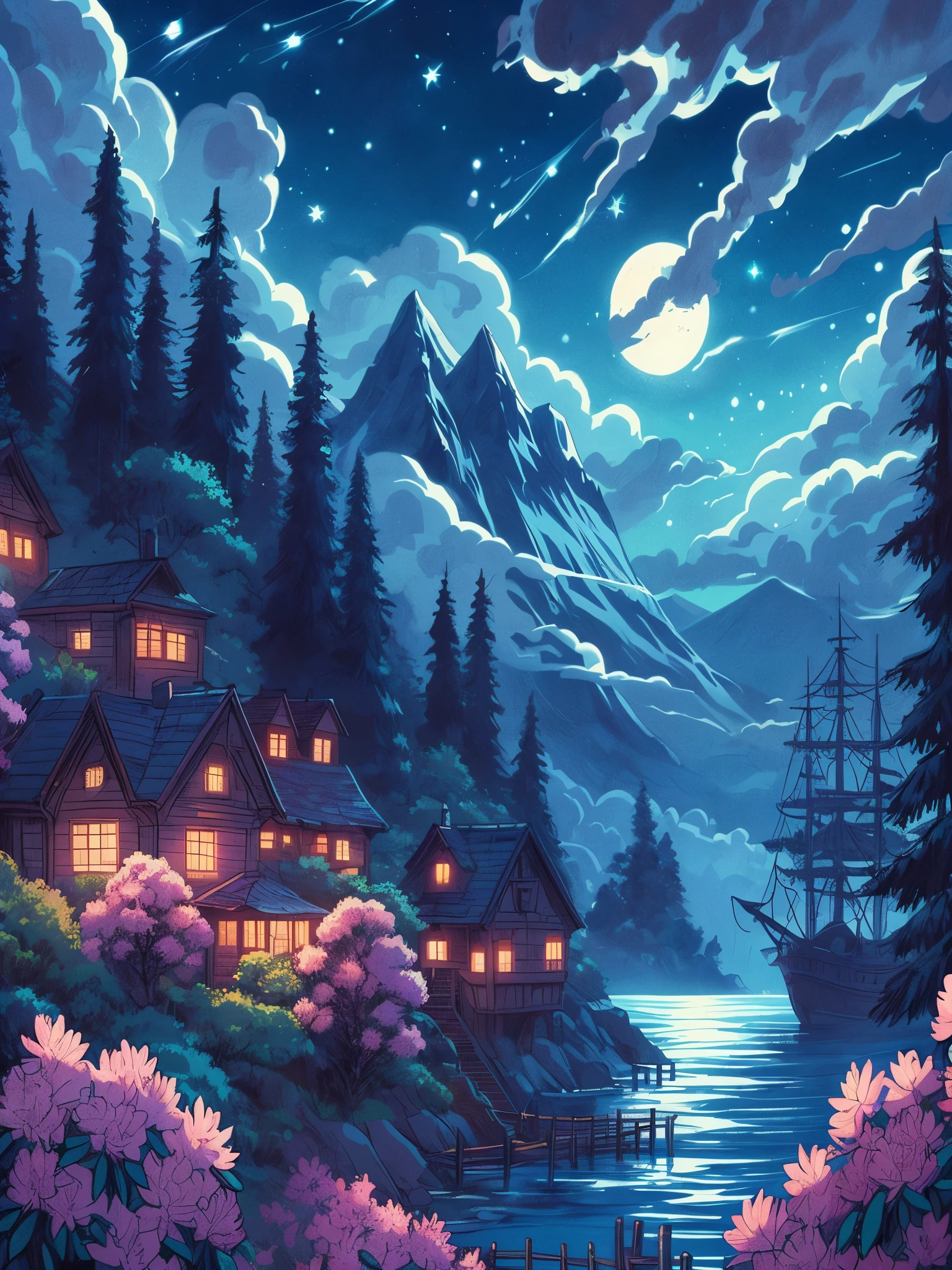 Draw anime lofi scene of pirate island village located at the edge of mountain, night, starry sky, Rhododendron  trees, half moon, peaceful, natural color tones, cloudy sky, beautiful color palette, vibrant saturated colors, masterpiece, no human