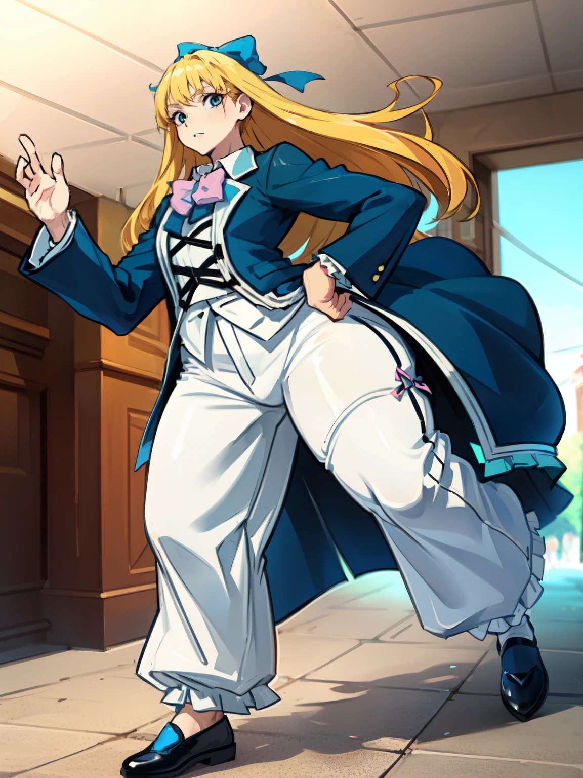 (hyper extreme detailed),(masterpeace),(hyper extreme),(photorealistic),CG,llustration,novel illustration,  Princess_Cologne as A Bishounen, ((Male body:1.3)), Bishounen, Handsome, Formal blue suit, ((White pants:1.7)), blue bows, Frills, SFW:1.2, Bottom heavy, ((Thick thighs)), ((Wide Hips)),assbellyLong blonde hair