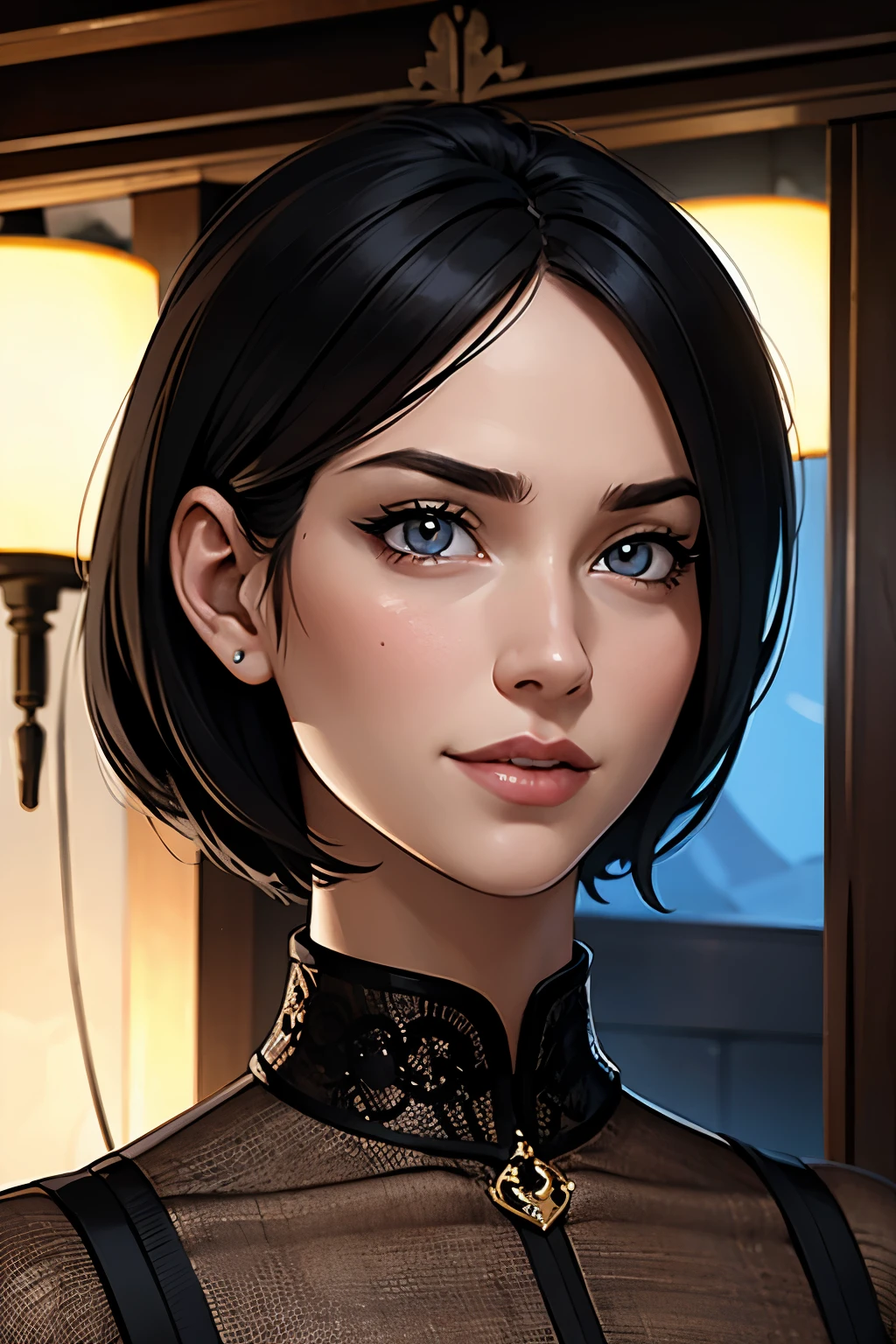 красивый женский портрет, короткие волосы, стильный, улыбается, выглядит немного азиатским, красивые глаза, идеальные губы