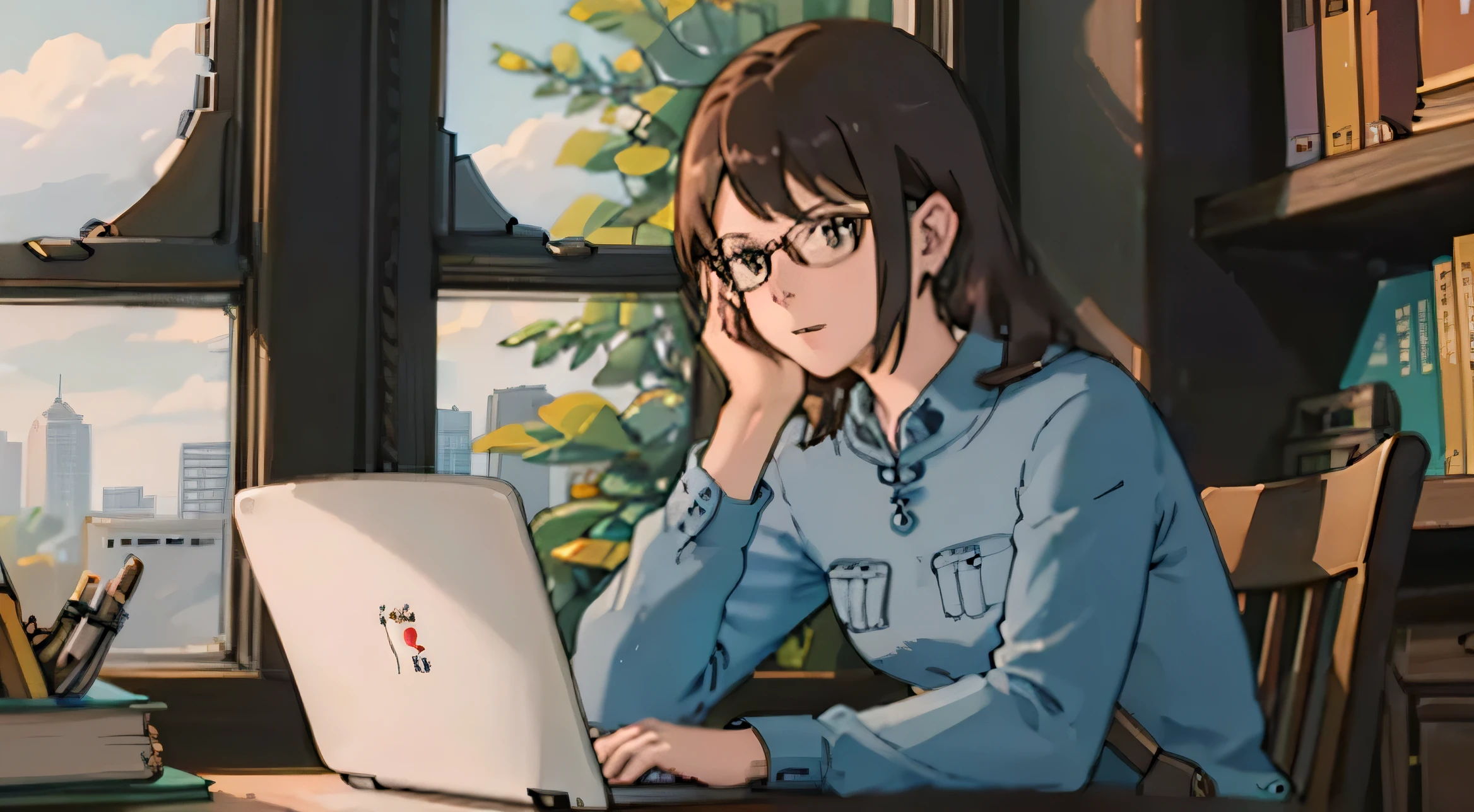 A woman in her 20s wearing glasses is sitting at a desk in an old-fashioned study..., thinking while looking at laptop, slightly larger laptop