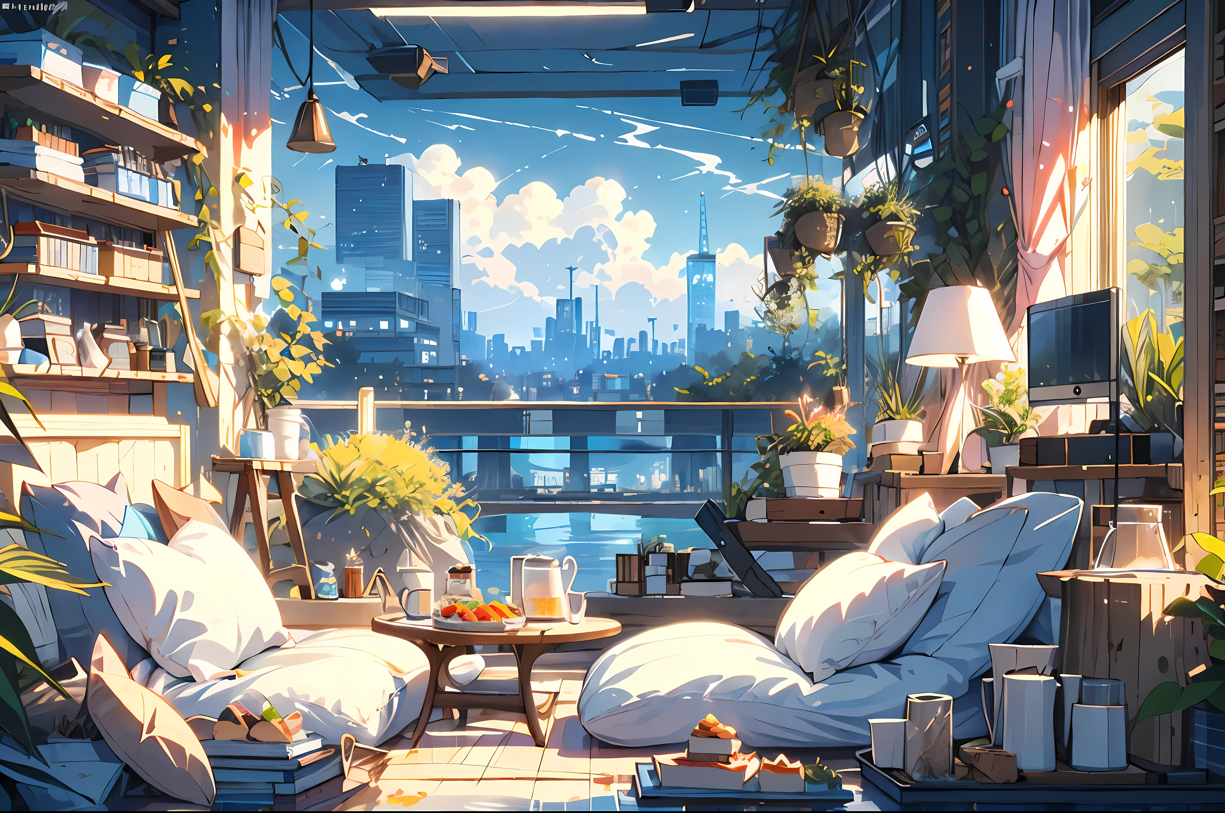 (傑作:1.2), 最好的品質,pixiv,溫馨的動畫場景,
風景, 城市scape, 城市, 天空scraper, 大樓, 窗戶, 雲, 天空, 食物, 在室內, 電腦, 書, 床, 桌子, 鐘, 枕頭, 沒有人類, 椅子, 蛋糕, 監視器, 杯子, 盤子, 天空line, 說謊